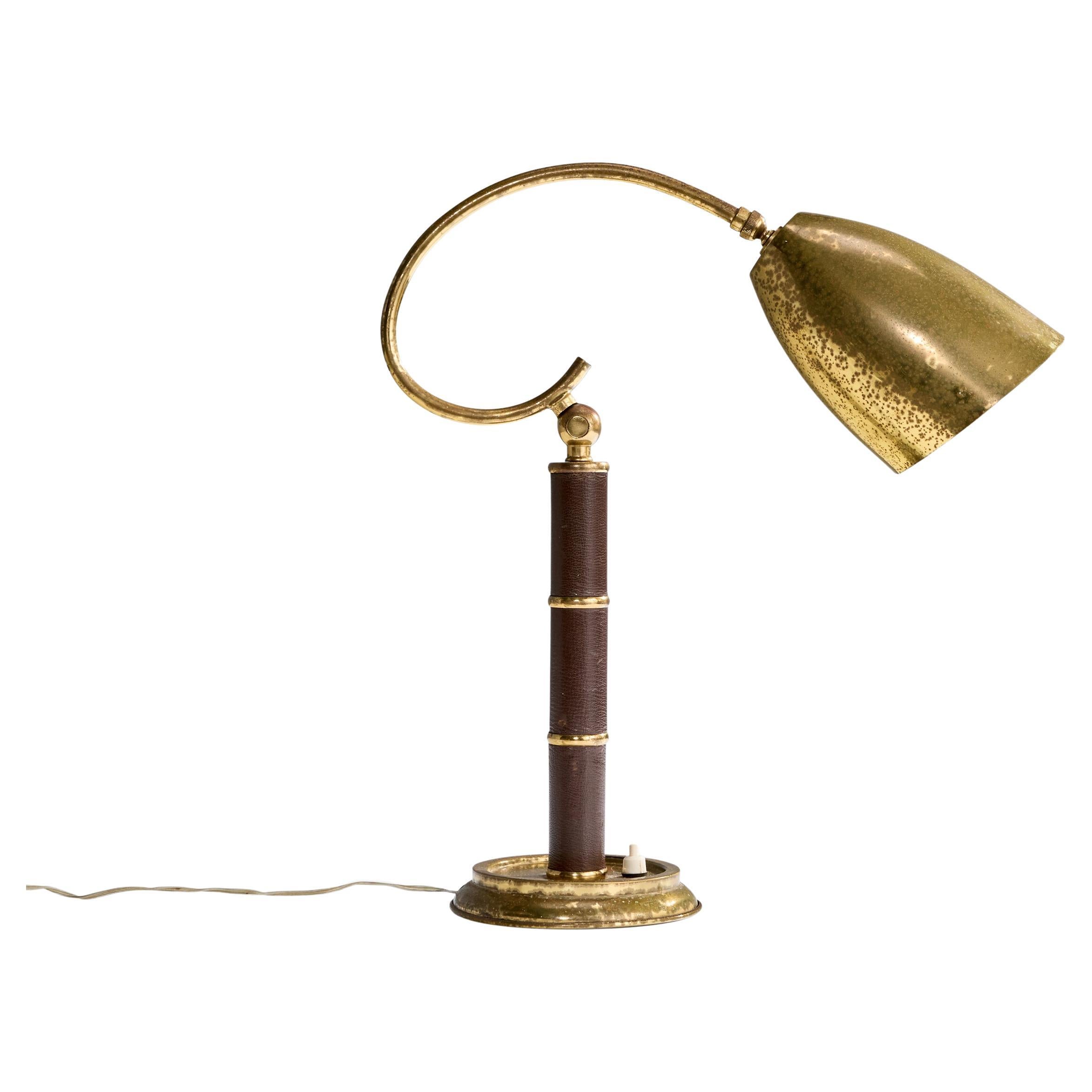 Italian Designer, Table Lamp, Brass, Leather, Italy, 1940s