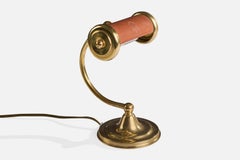 Italian Designer, Table Lamp, Brass, Leather, Italy, 1960s