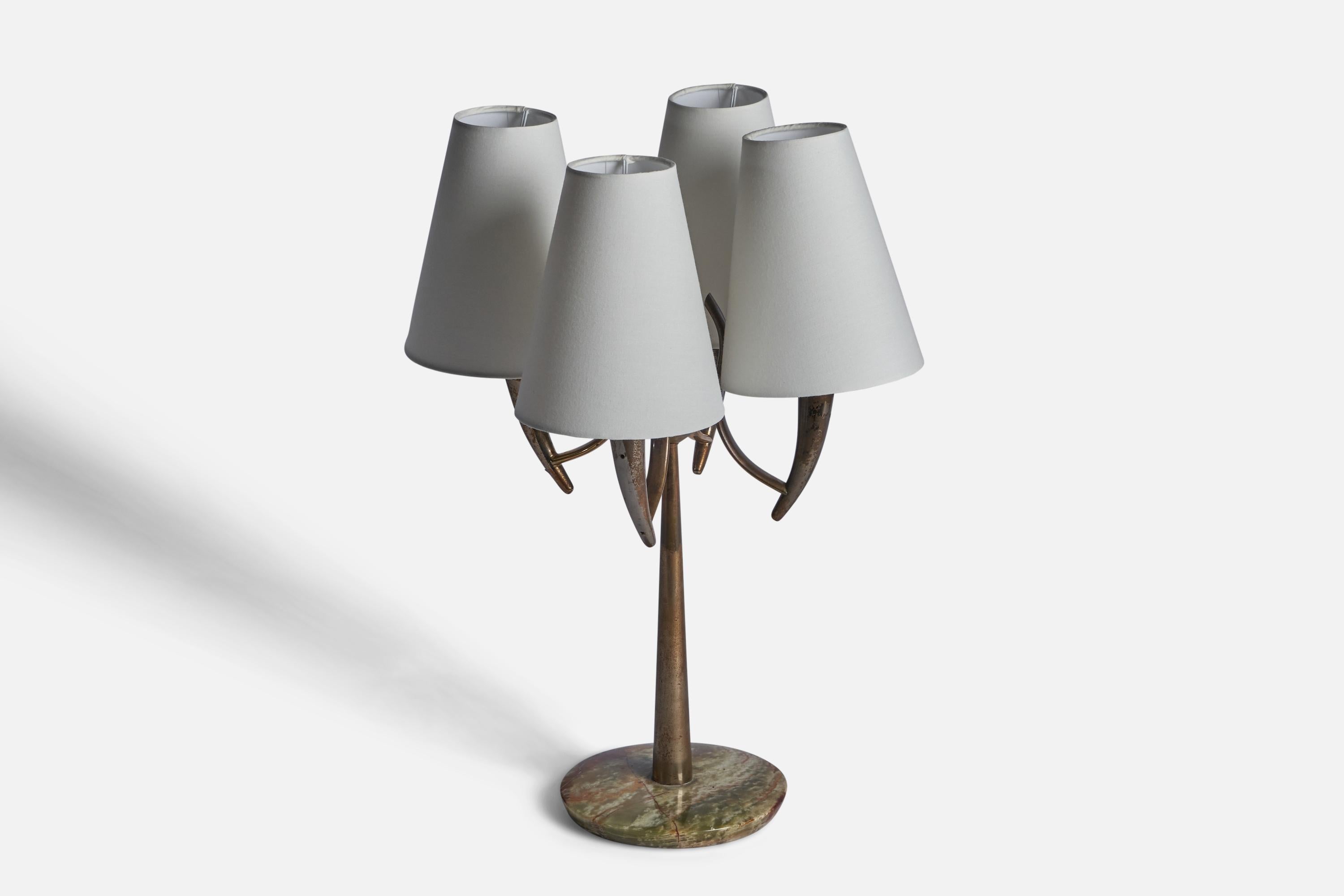 A four-armed brass, marble and white fabric table lamp designed and produced in Italy, c. 1940s.

Dimensions of Lamp (inches): 14.5” H x 10.5” Diameter Dimensions of Shade (inches): 2.75” Top Diameter x 5.5” Bottom Diameter x 6.75” H Dimensions of