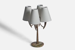 Italian Designer, Table Lamp, Brass, Marble, Fabric, Italy, 1940s