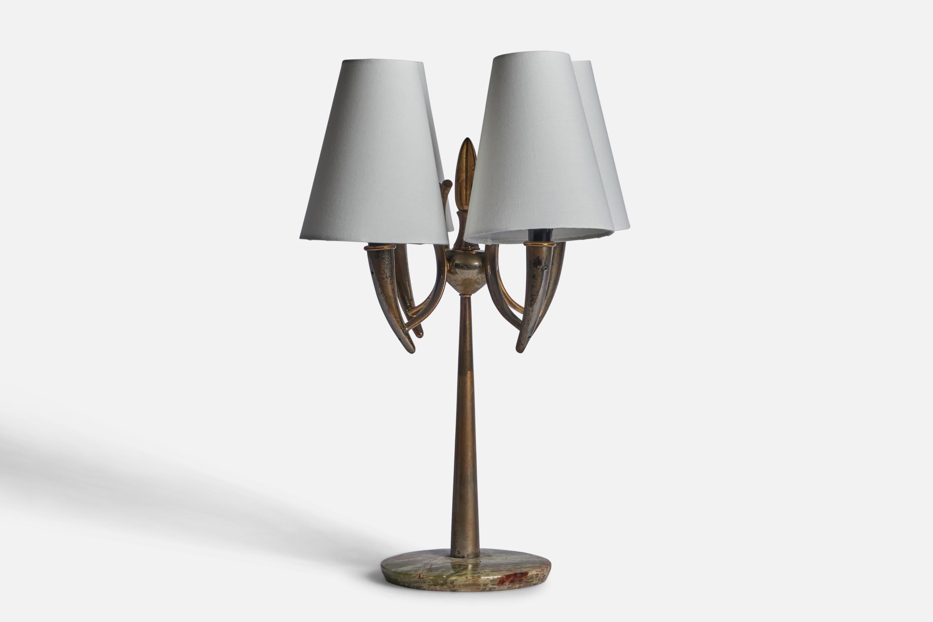 Modern Italian Designer, Table Lamp, Brass, Marble, Fabric, Italy, 1940s For Sale