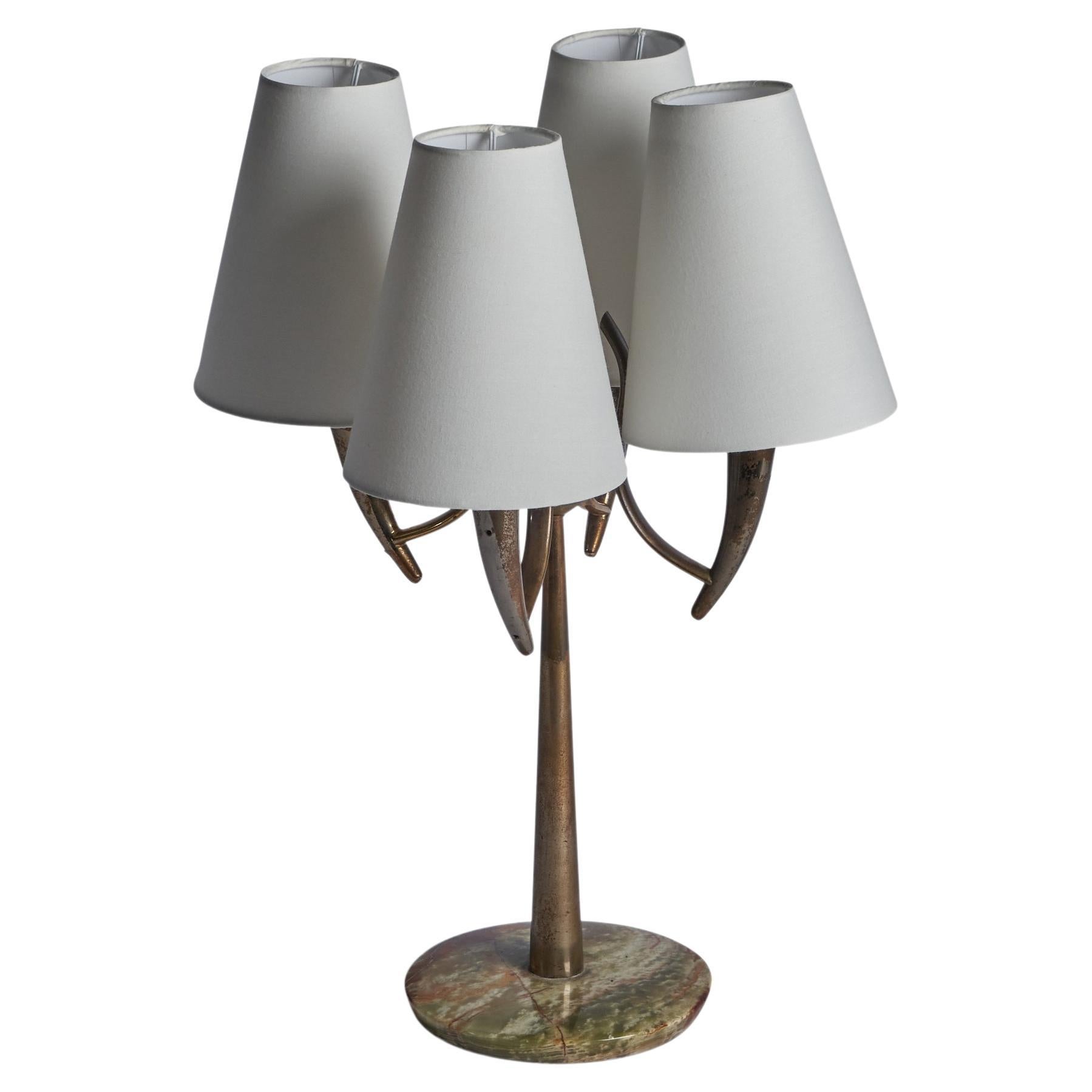 Italian Designer, Table Lamp, Brass, Marble, Fabric, Italy, 1940s For Sale