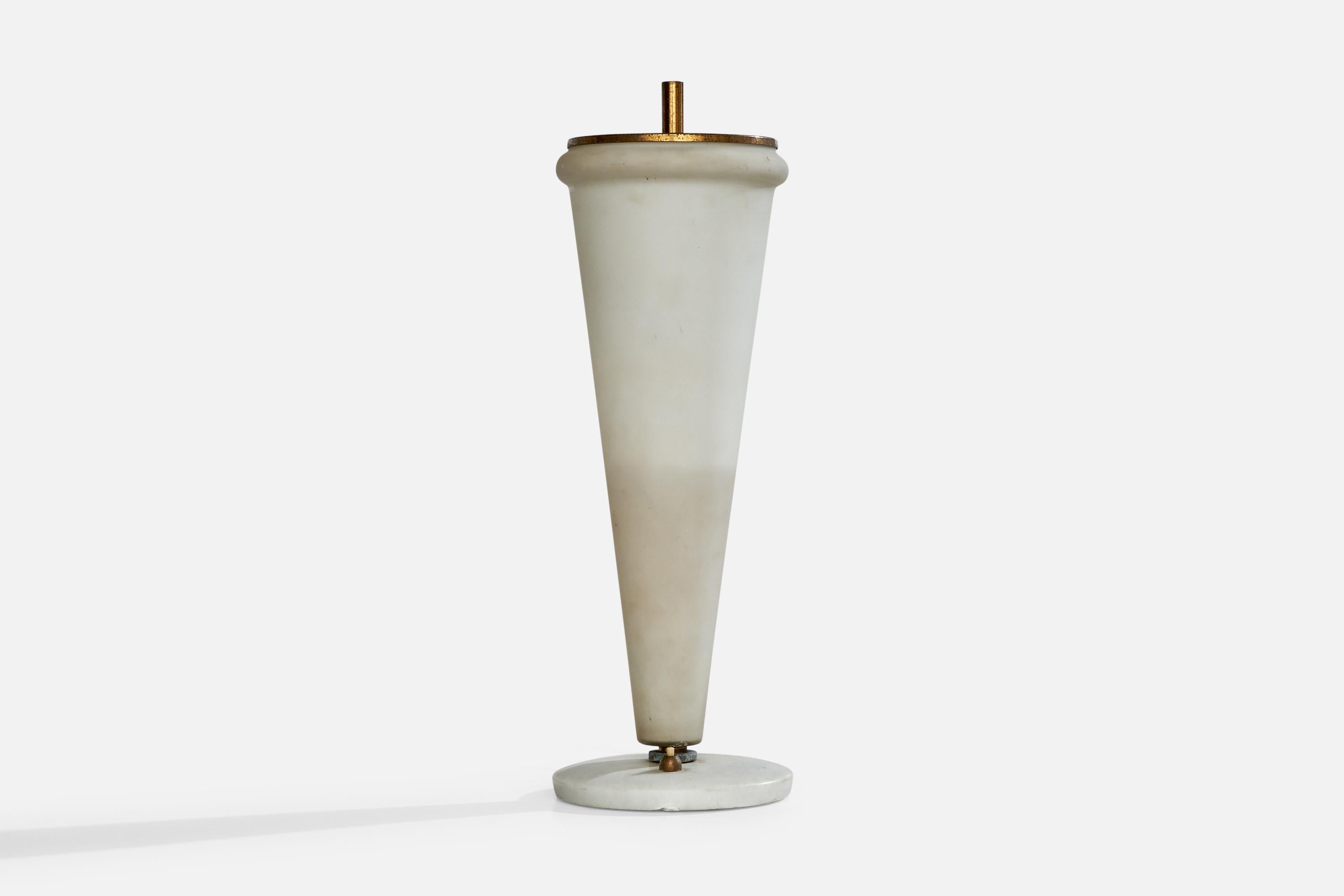 A brass, marble and white opaline glass table lamp designed and produced in Italy, c. 1940s.

Dimensions of Lamp with Shade (inches): 17.375” H x 6“ Diameter

Bulb Specifications: E-14

Number of Sockets (per fixture): 1

Sold with lampshade.

All
