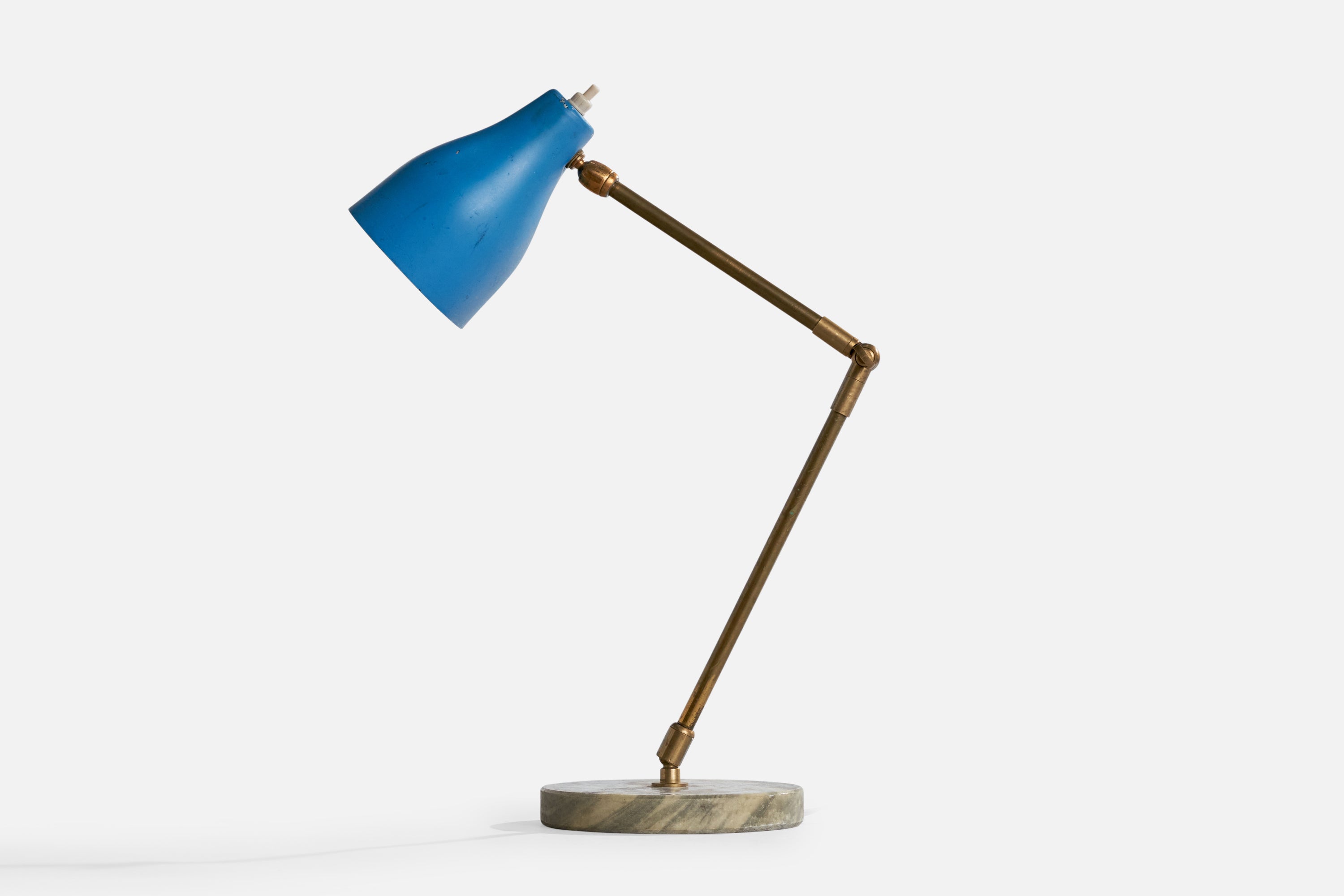 A brass, marble and blue-lacquered metal table lamp designed and produced in Italy, c. 1950s.

Dimensions of Lamp with Shade (inches): 12.7“ H x 5.75” W x 14“ D (adjustable: measured as shown)

Bulb Specifications: E-14

Number of Sockets (per
