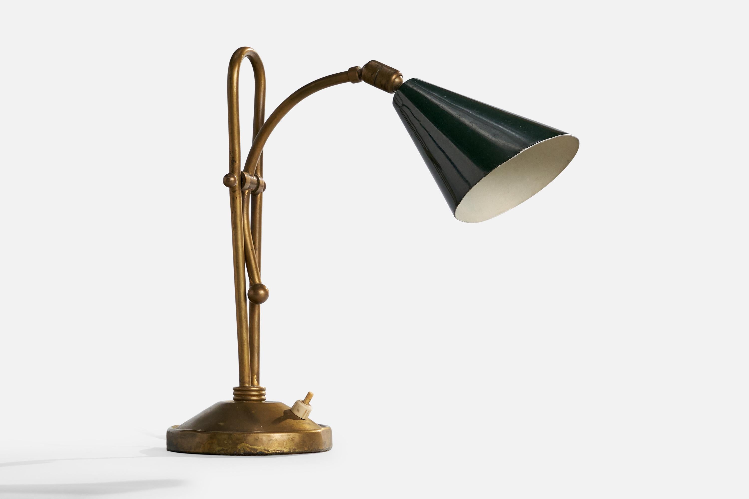 An adjustable brass and dark-green metal table lamp designed and produced in Italy, c. 1940s.

Dimensions of Lamp with Shade (inches): 10.75“ H x 4.375” W x 11” D (measured as shown)

Bulb Specifications: E-14

Number of Sockets (per fixture):