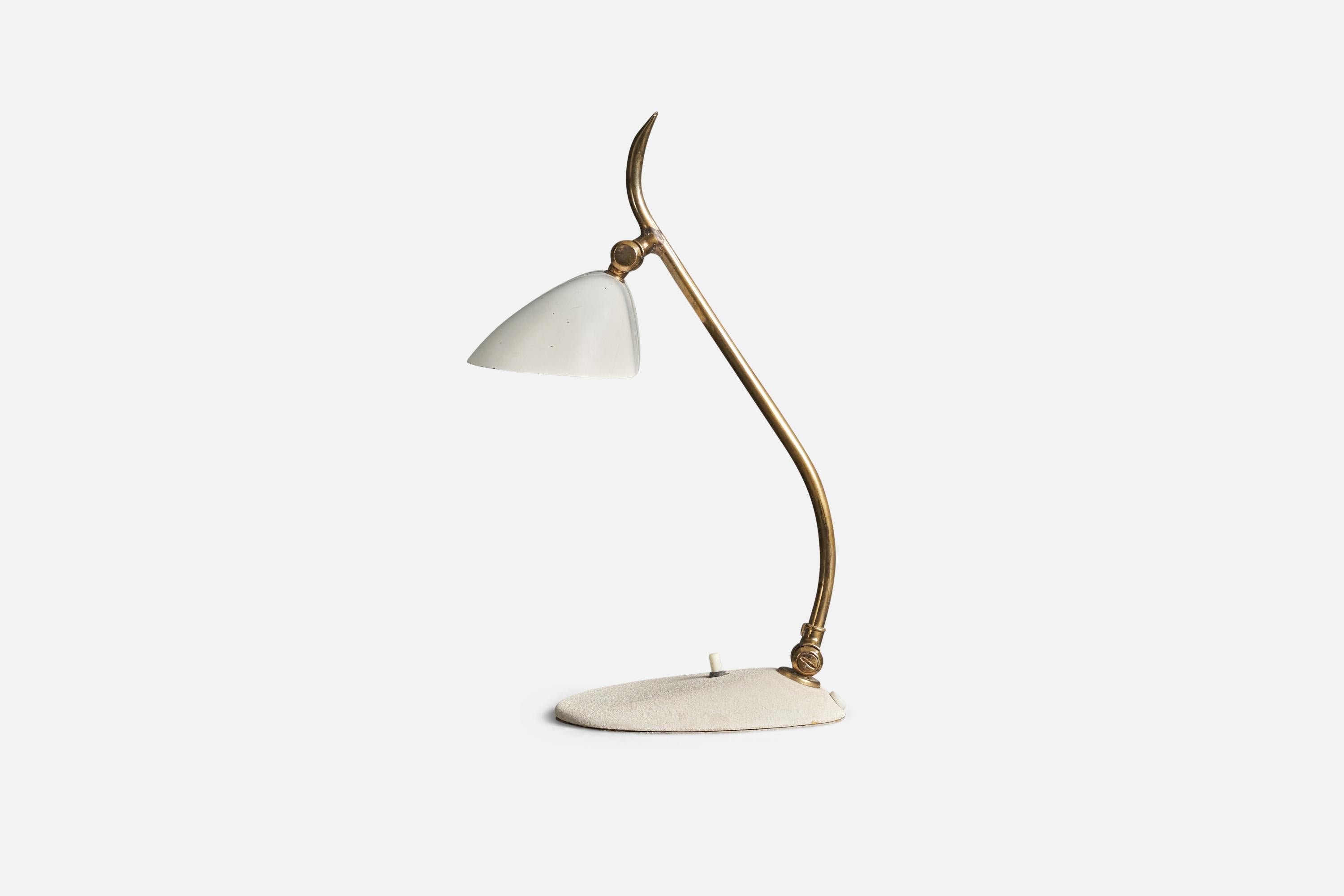 A brass and white-lacquered metal table lamp designed and produced by an Italian Designer, Italy, 1950s.

Dimensions variable, measured as illustrated in first image.

Socket takes E-14 bulb.

There is no maximum wattage stated on the fixture.