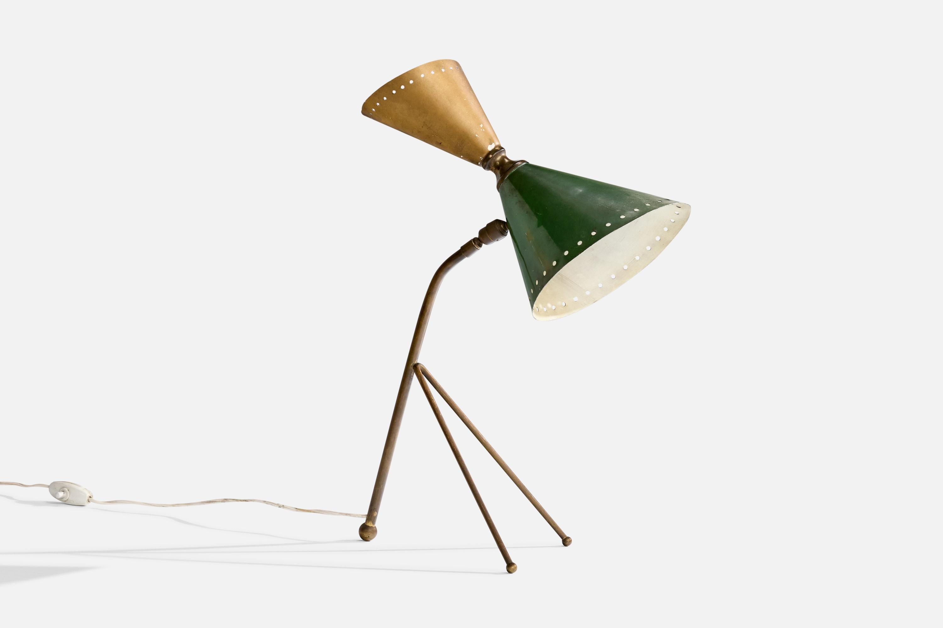 An adjustable brass and green beige-lacquered table lamp designed and produced in Italy, c. 1950s.

Back of shade accepts E-12 bulbs

Dimensions of Lamp (inches): 17.5