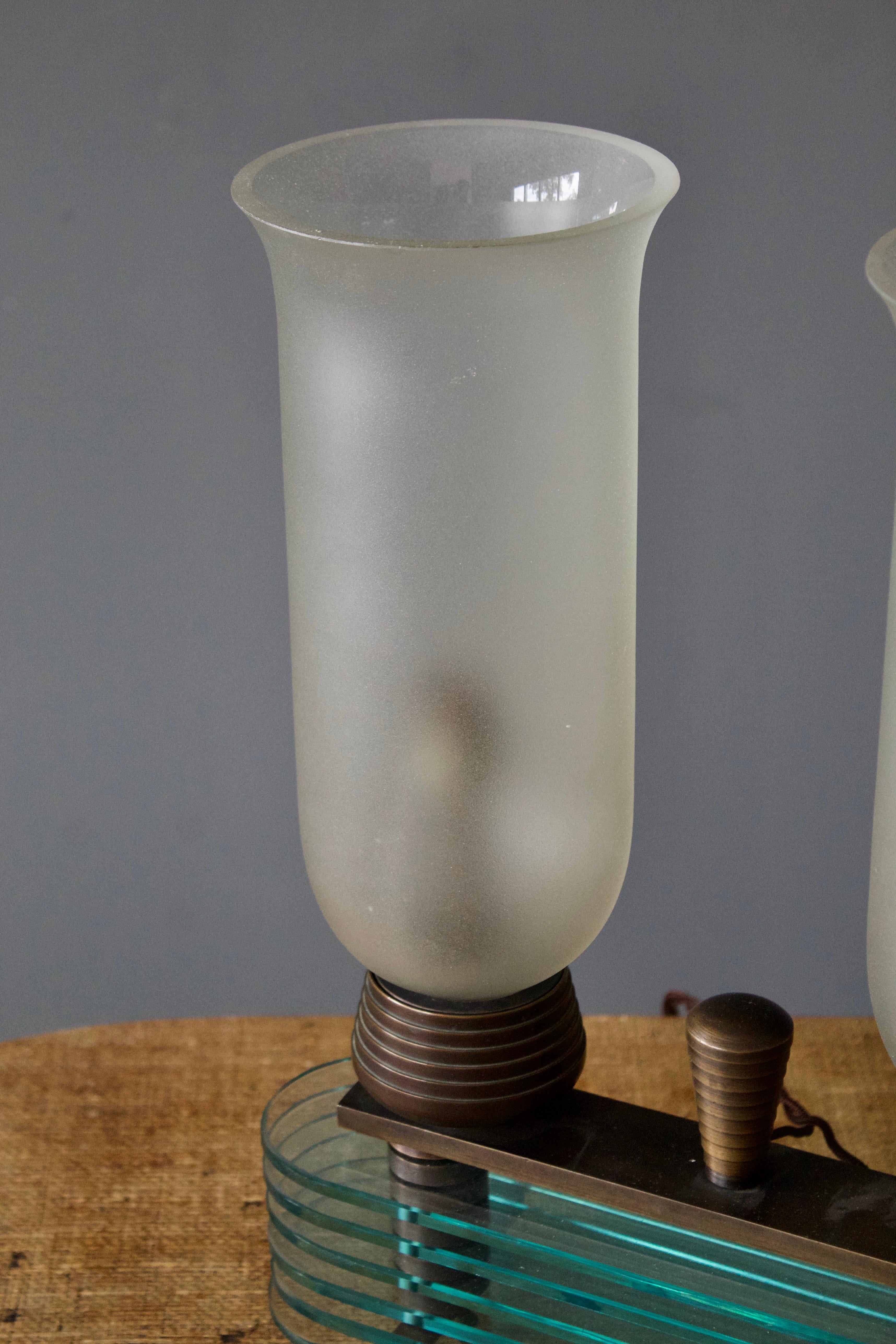 Italian Designer, Table Lamp, Brass, Milk Glass, Blue Color Glass, Italy, 1940s In Good Condition In High Point, NC