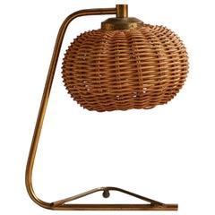 Italian Designer, Table Lamp, Brass, Rattan, Italy, 1950s