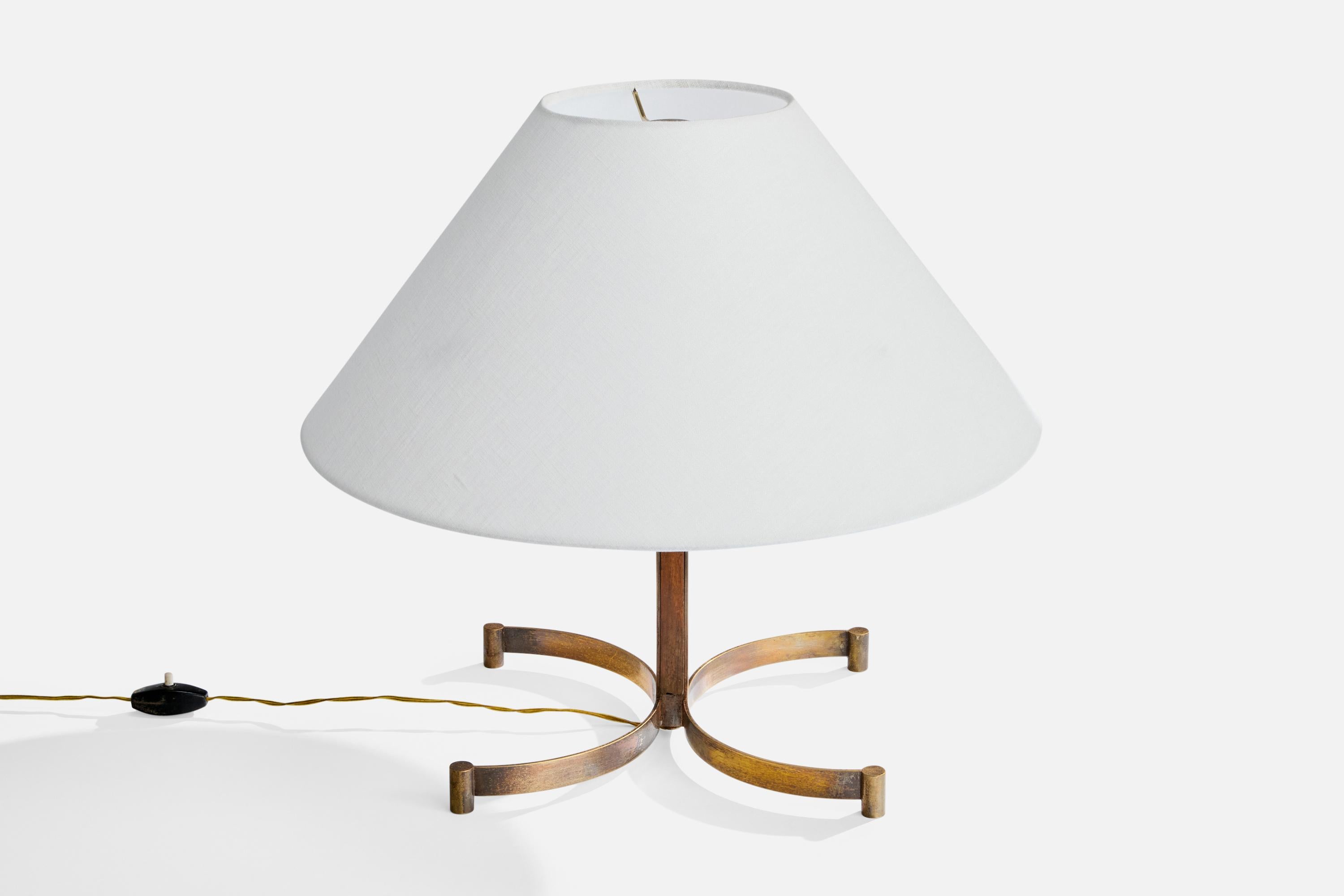 Mid-Century Modern Italian Designer, Table Lamp, Brass, Teak, Fabric, Italy, 1950s For Sale