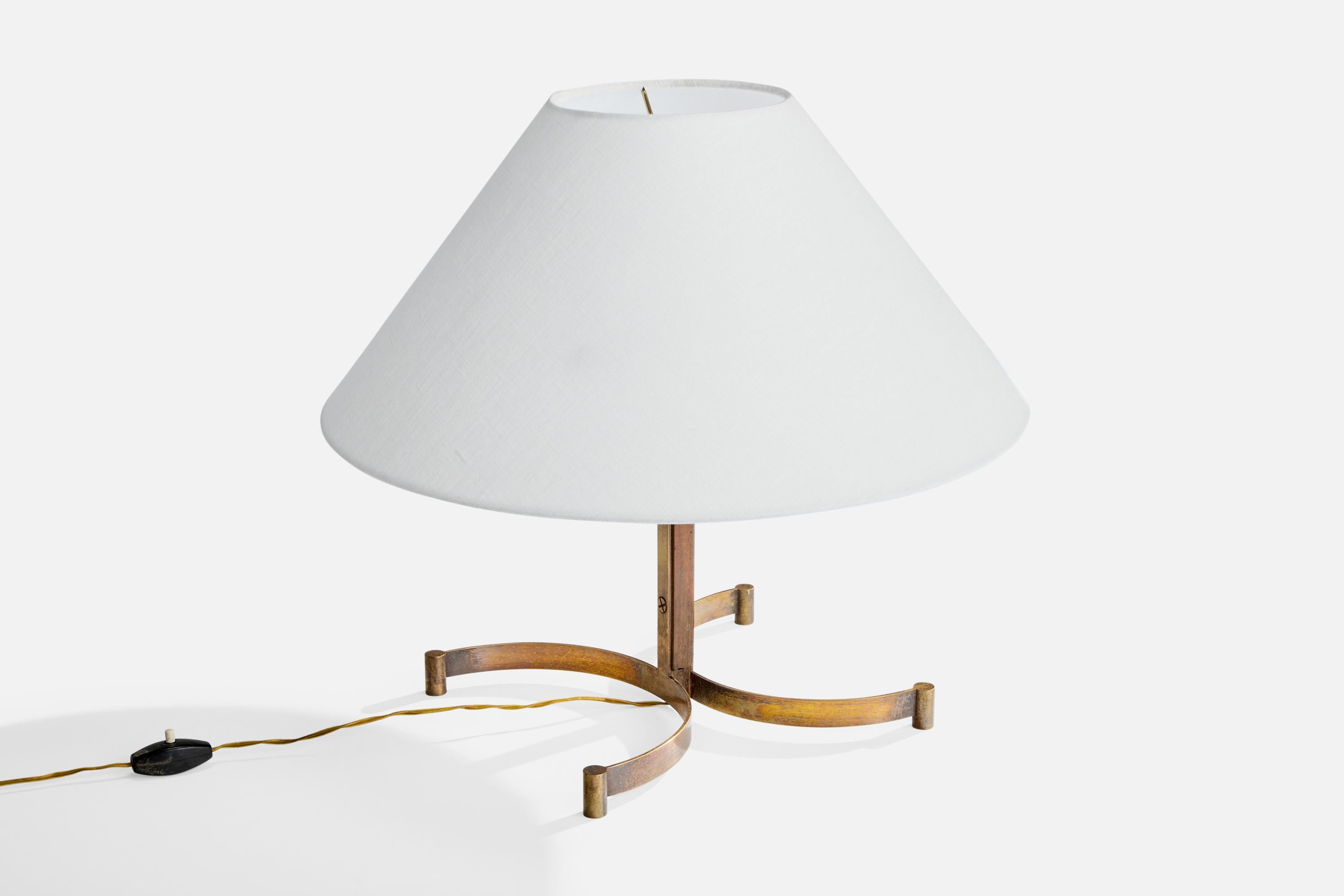 Italian Designer, Table Lamp, Brass, Teak, Fabric, Italy, 1950s In Good Condition For Sale In High Point, NC