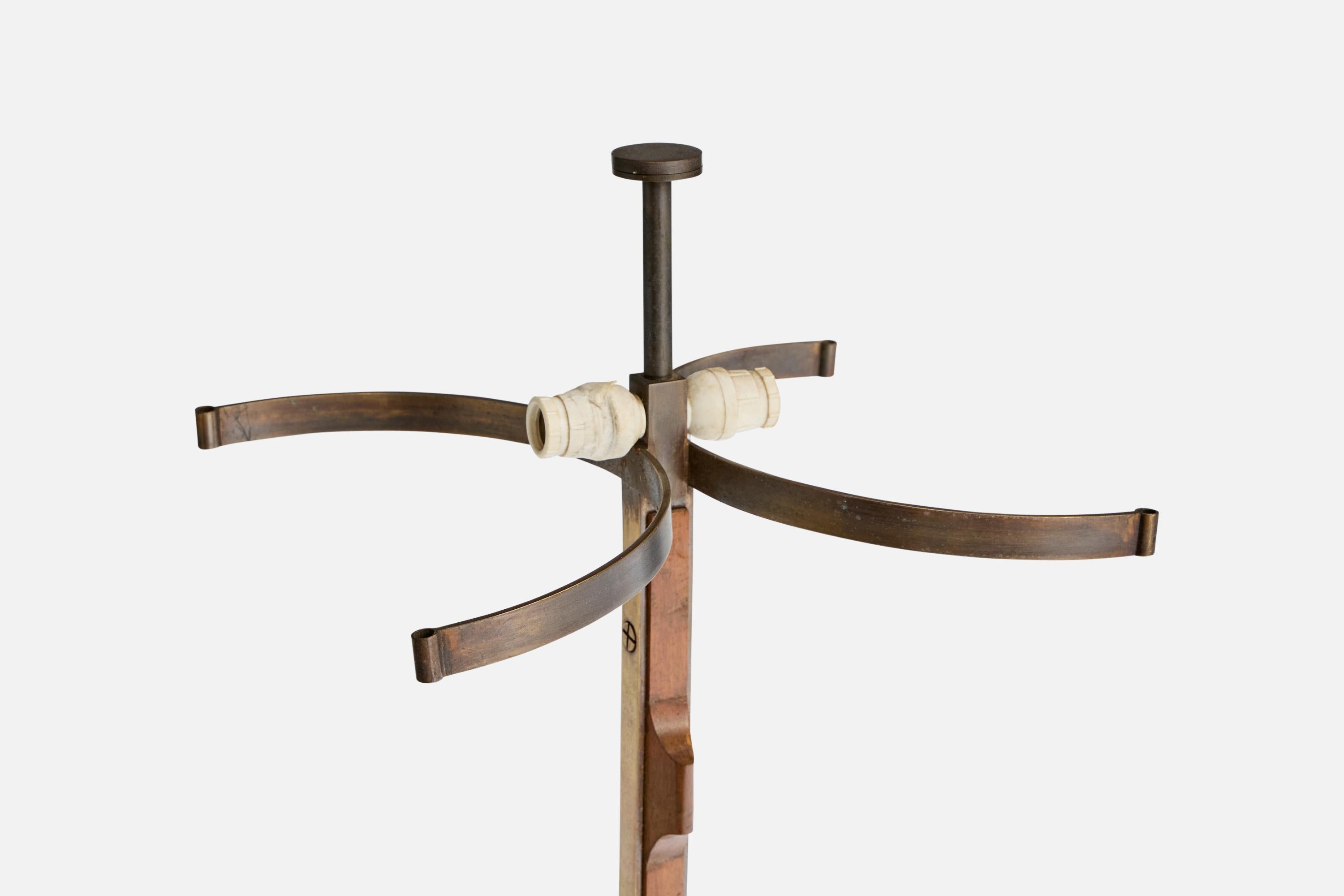 Italian Designer, Table Lamp, Brass, Teak, Fabric, Italy, 1950s For Sale 1