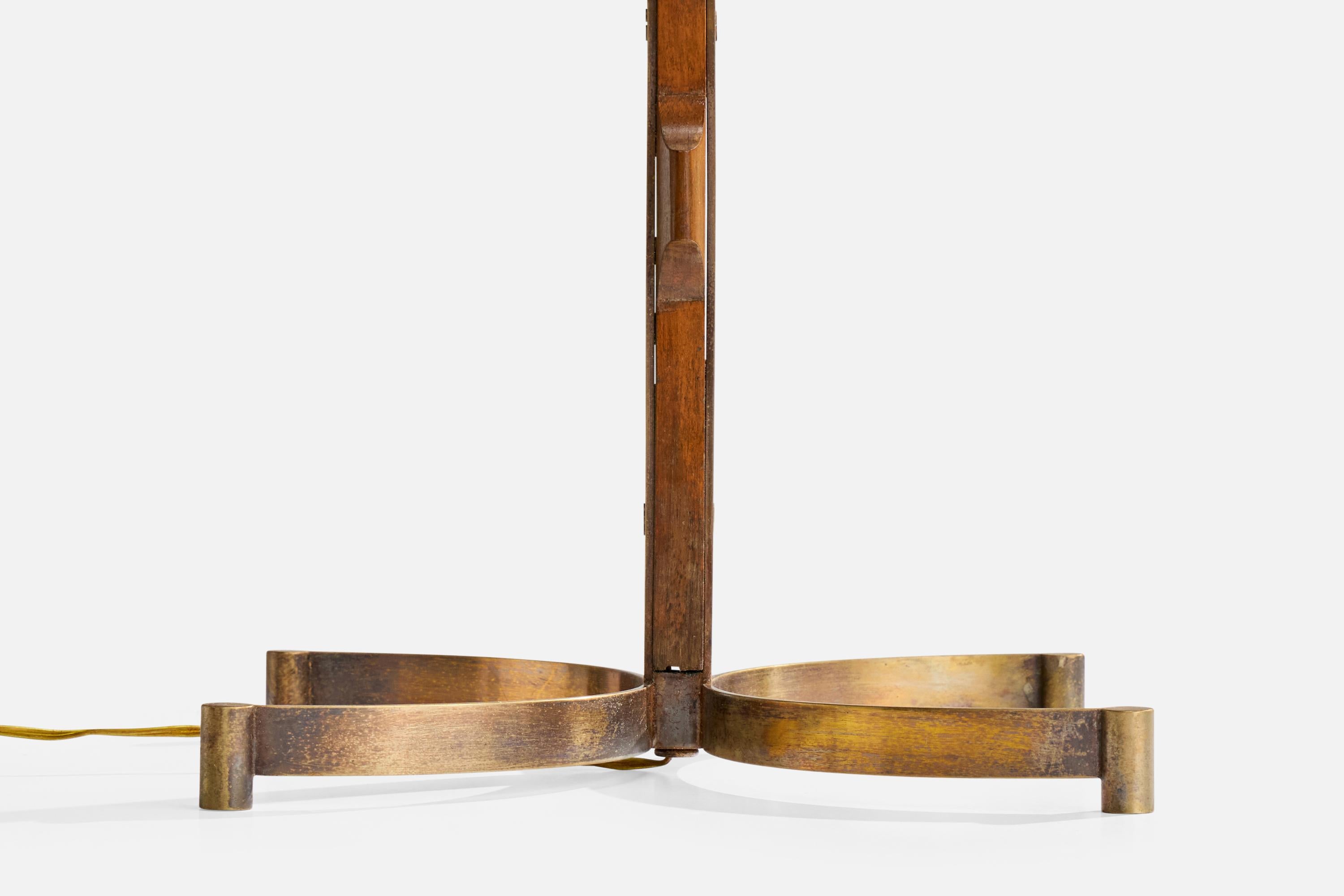 Italian Designer, Table Lamp, Brass, Teak, Fabric, Italy, 1950s For Sale 4