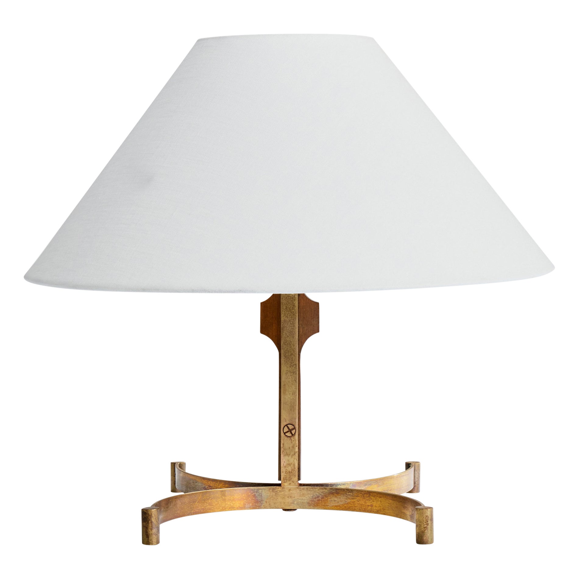 Italian Designer, Table Lamp, Brass, Teak, Fabric, Italy, 1950s For Sale