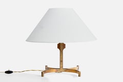 Italian Designer, Table Lamp, Brass, Teak, Fabric, Italy, 1950s