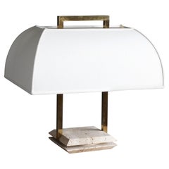 Italian Designer, Table Lamp, Brass, Travertine, White Fabric, Italy, 1970s