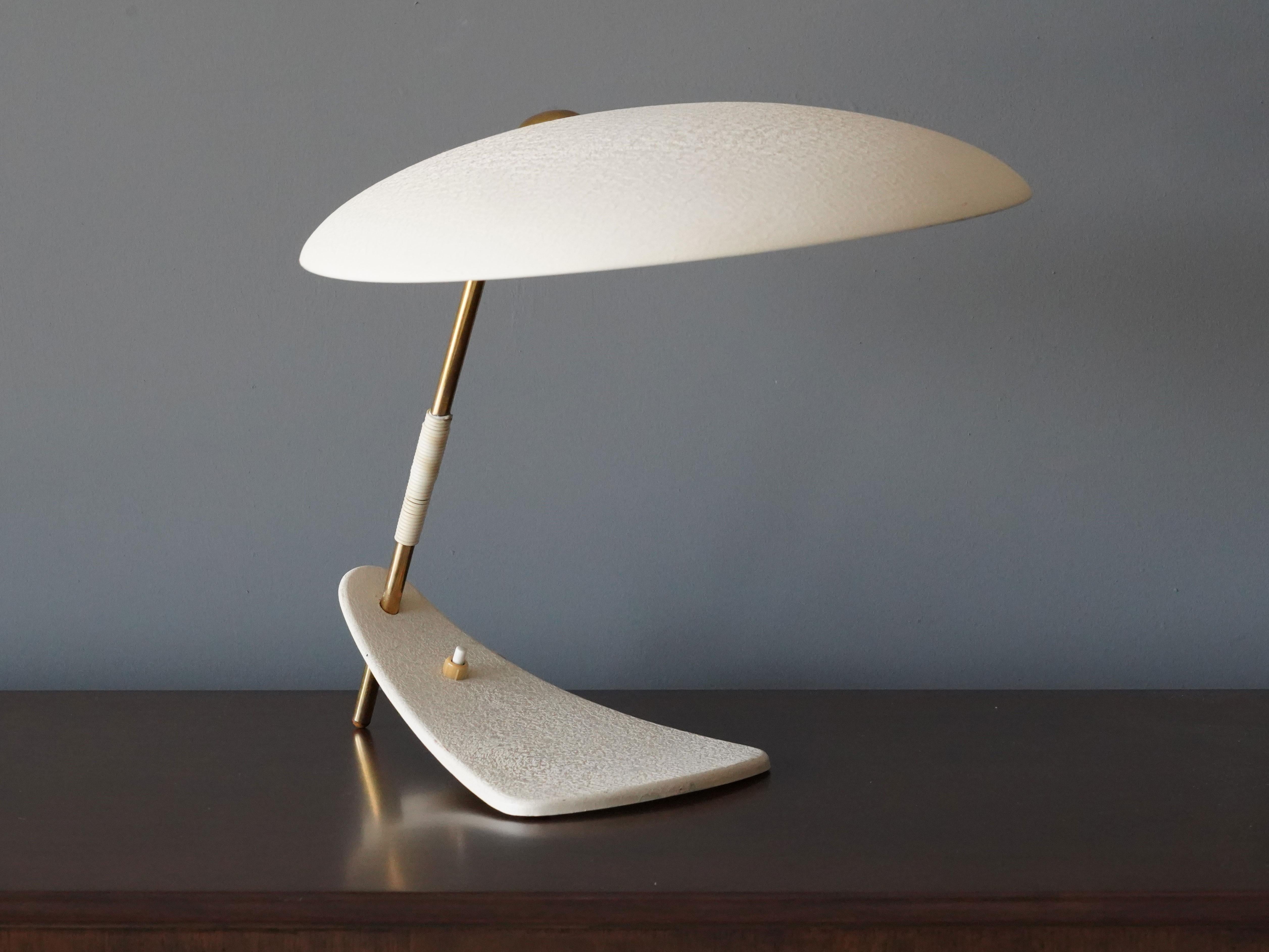 Mid-Century Modern Italian Designer, Table Lamp, Brass, White Lacquered Metal, Plastic Cord, 1960s