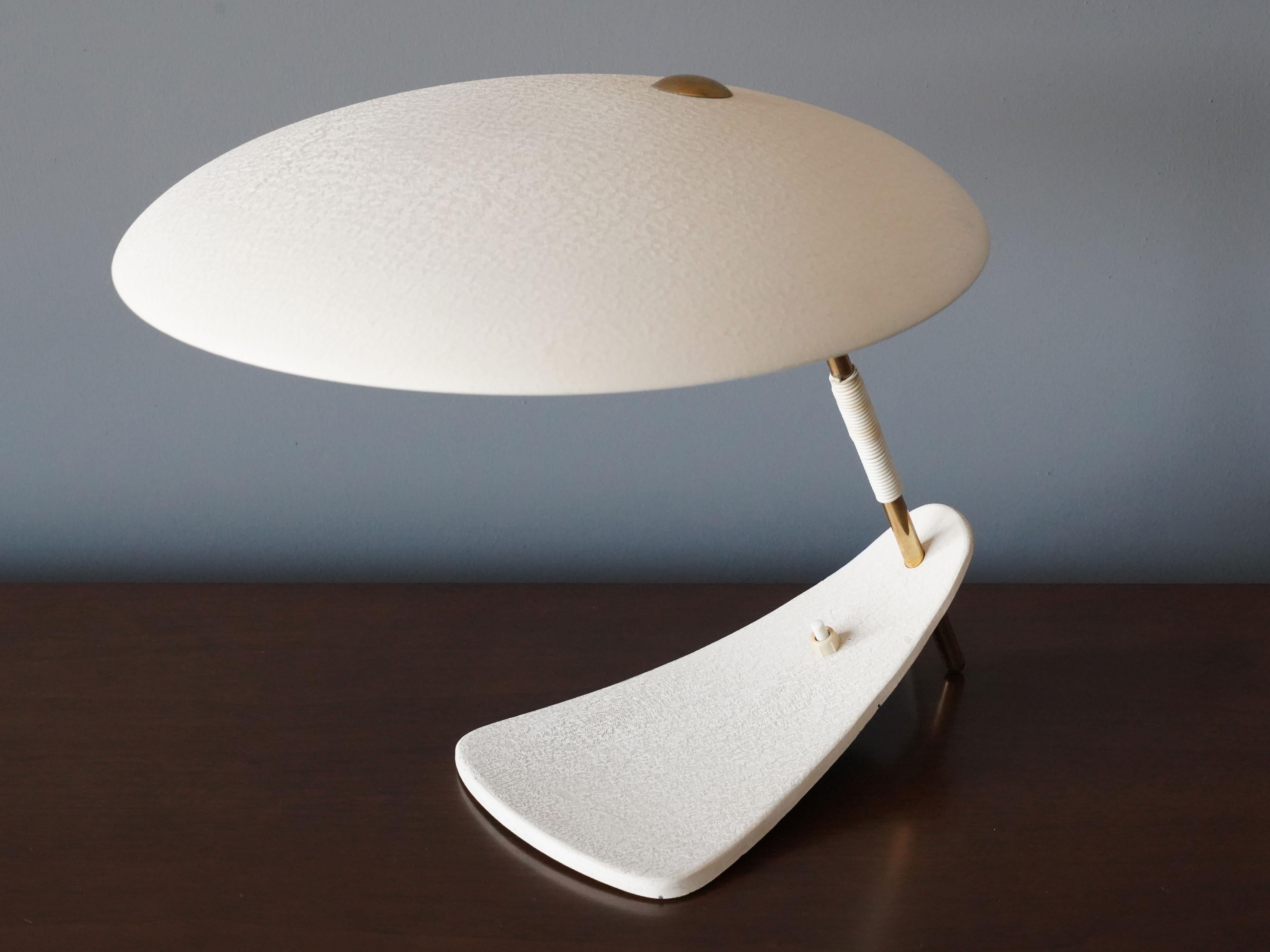 Italian Designer, Table Lamp, Brass, White Lacquered Metal, Plastic Cord, 1960s In Good Condition In High Point, NC