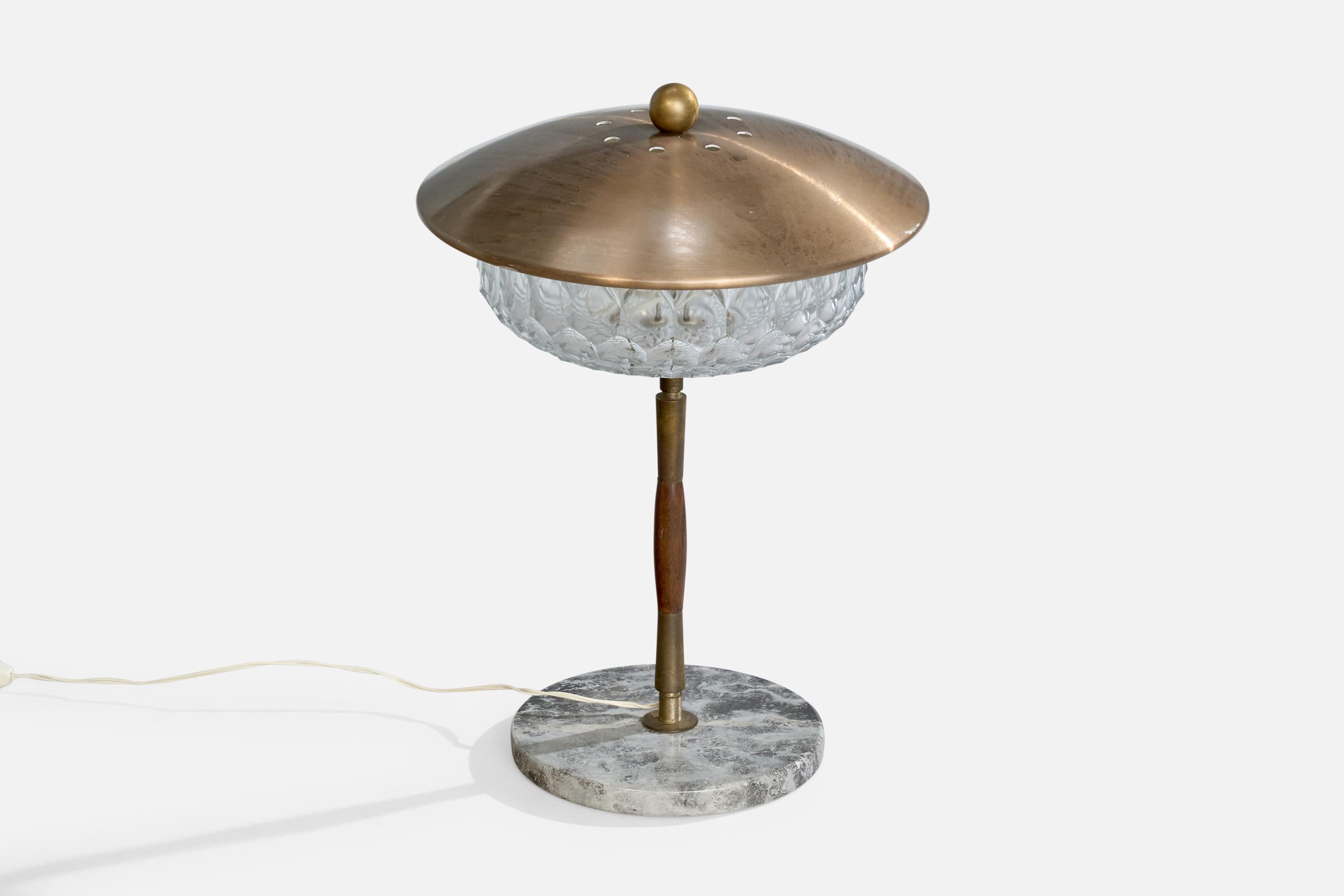 Italian Designer, Table Lamp, Brass, Wood, Glass, Marble, Italy, 1950s For Sale 1