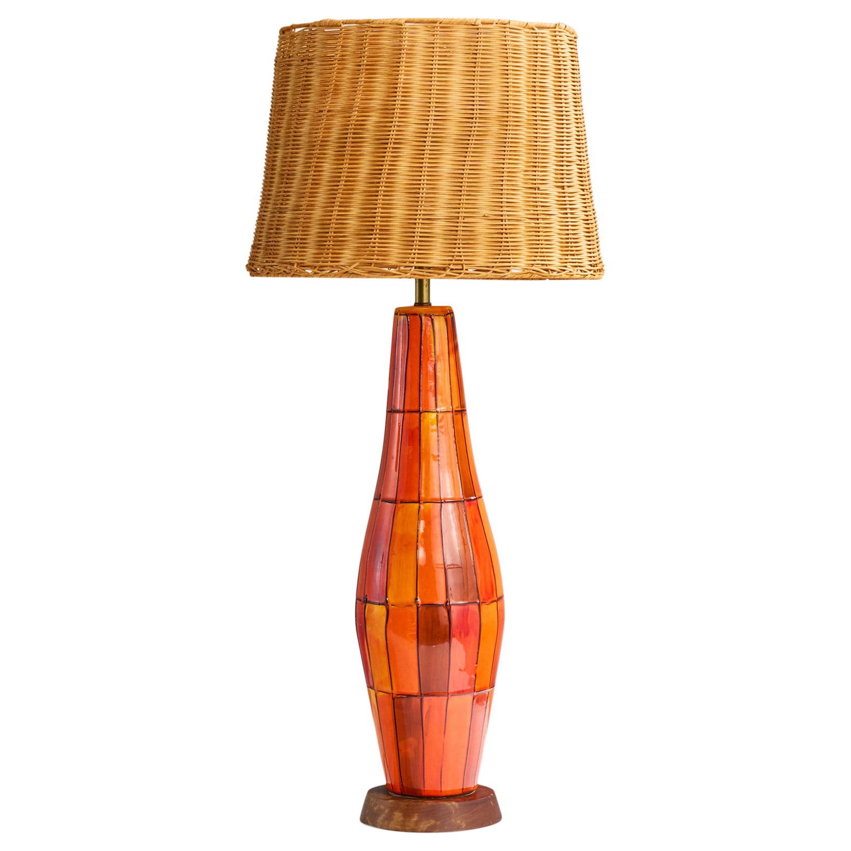 Lampada da tavolo di design italiano, ceramica, noce, rattan, Italia, anni '60 in vendita