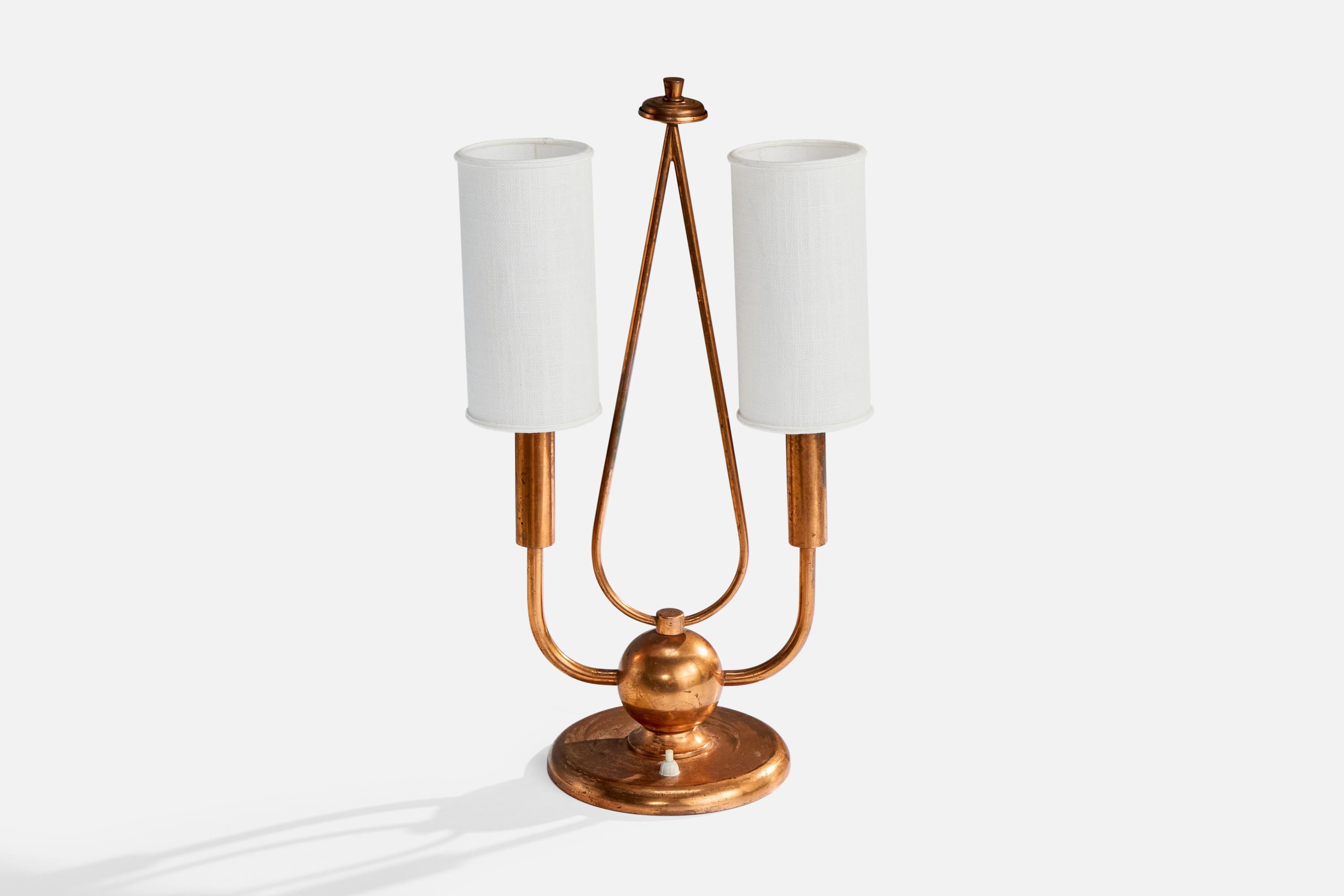 Mid-Century Modern Italian Designer, Table Lamp, Copper, Fabric, Italy, 1930s For Sale