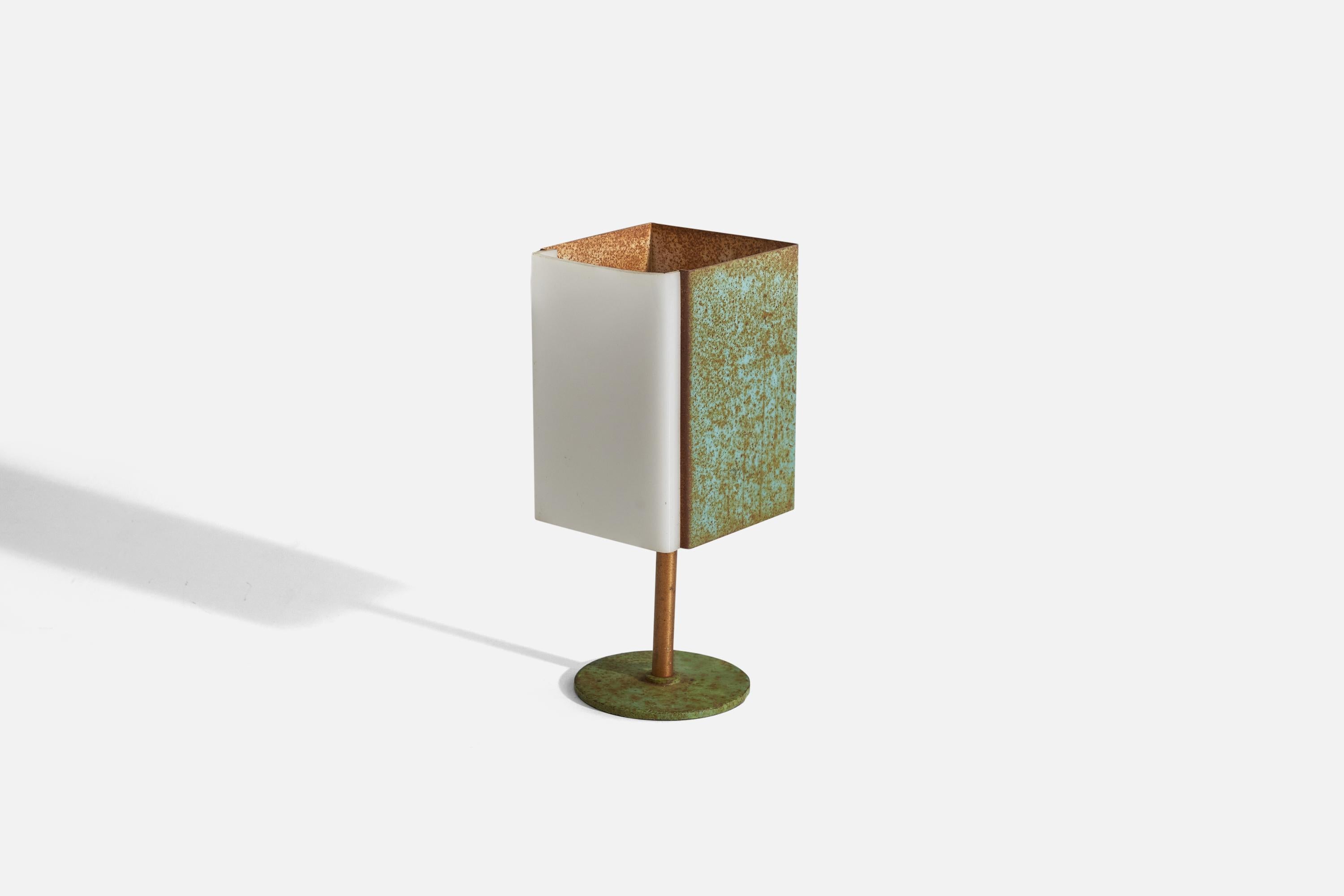 A glass and copper table lamp designed and produced in Italy, 1940s.