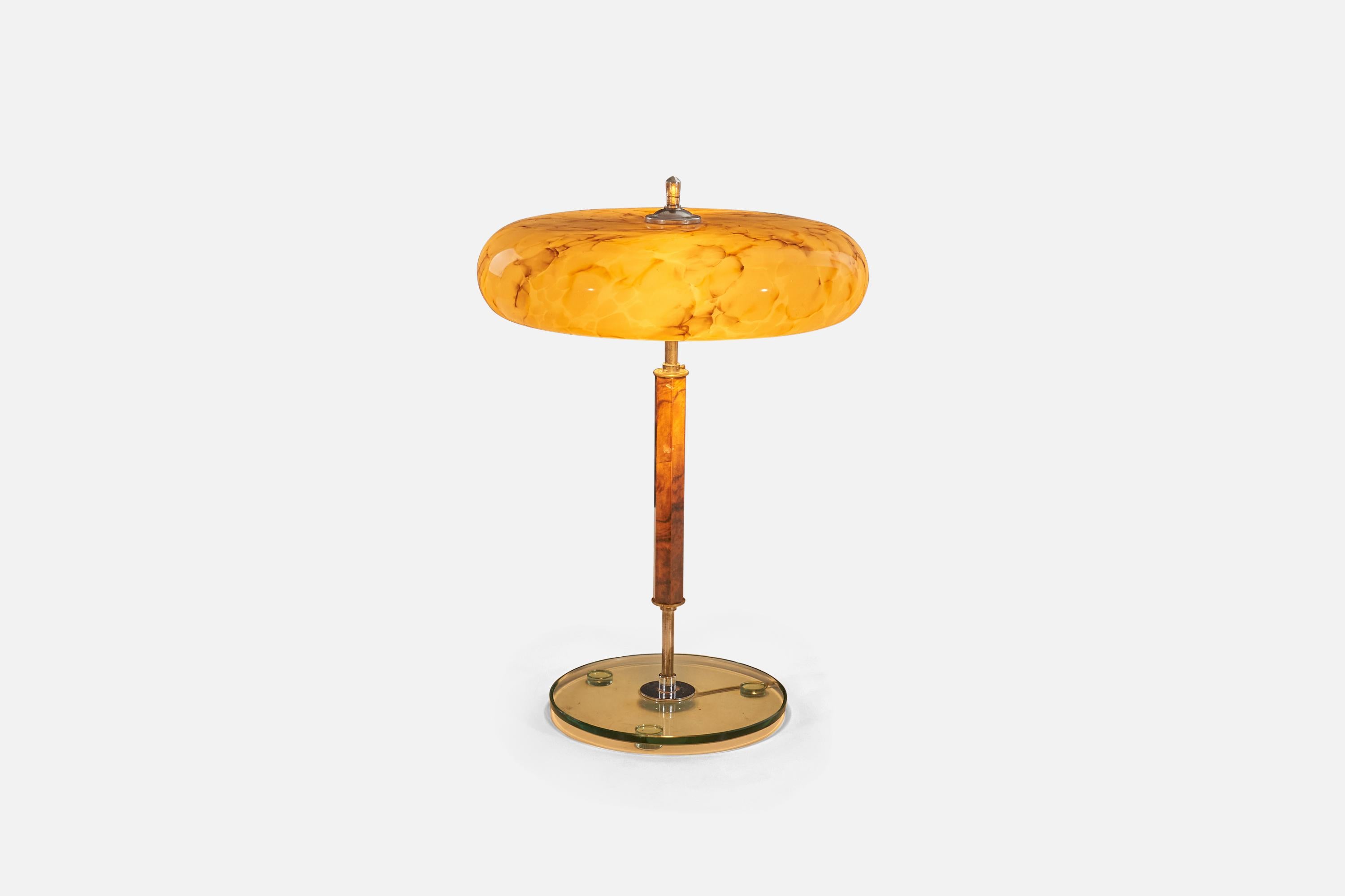 Italian Designer, Table Lamp, Glass, Metal, Wood, Italy, 1940s 1