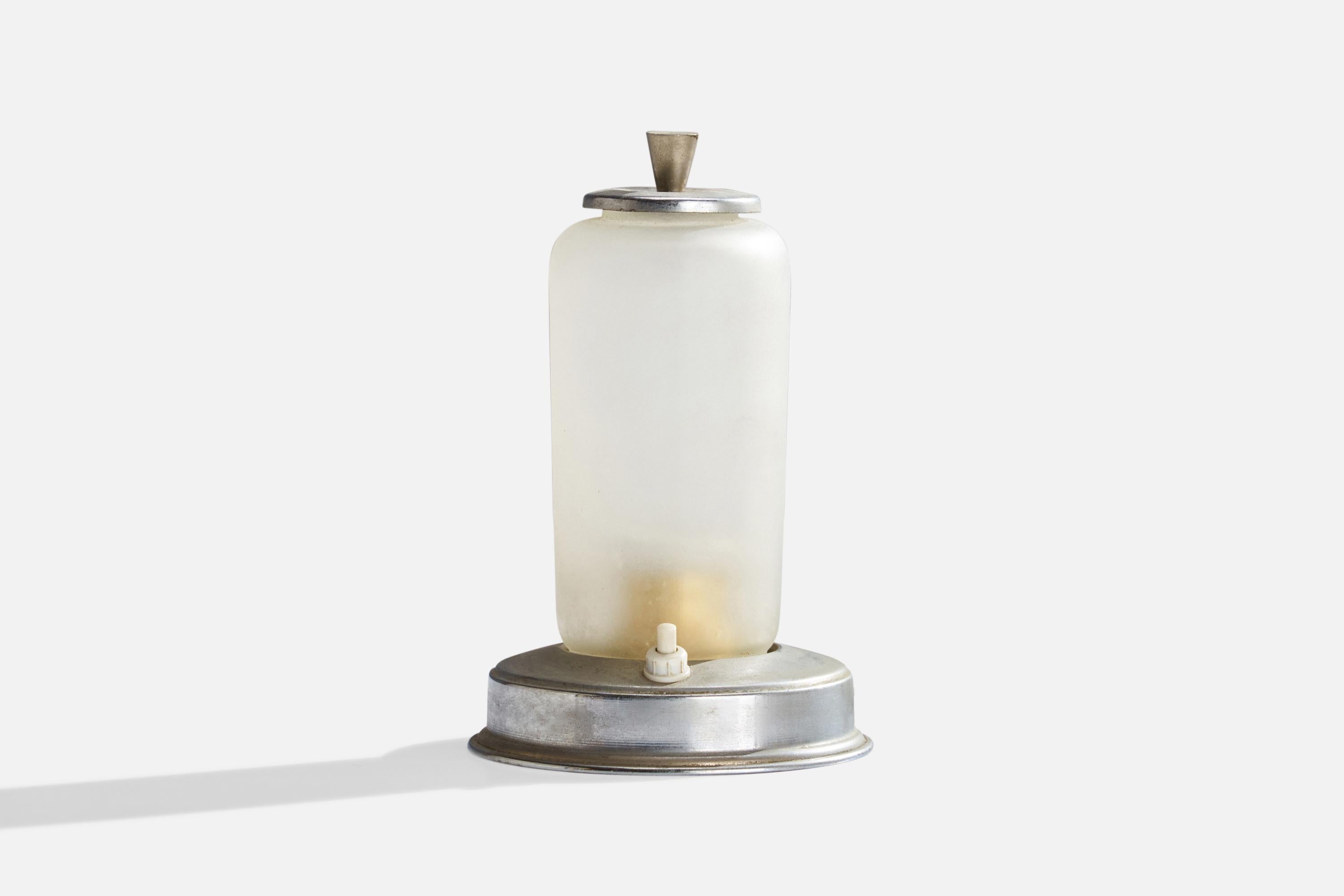 A opaline glass and nickel table lamp designed and produced in Italy, c. 1930s.

Overall Dimensions (inches): 7.25”  H x 4.75” D
Stated dimensions include shade.
Bulb Specifications: E-26 Bulb
Number of Sockets: 1
All lighting will be converted for