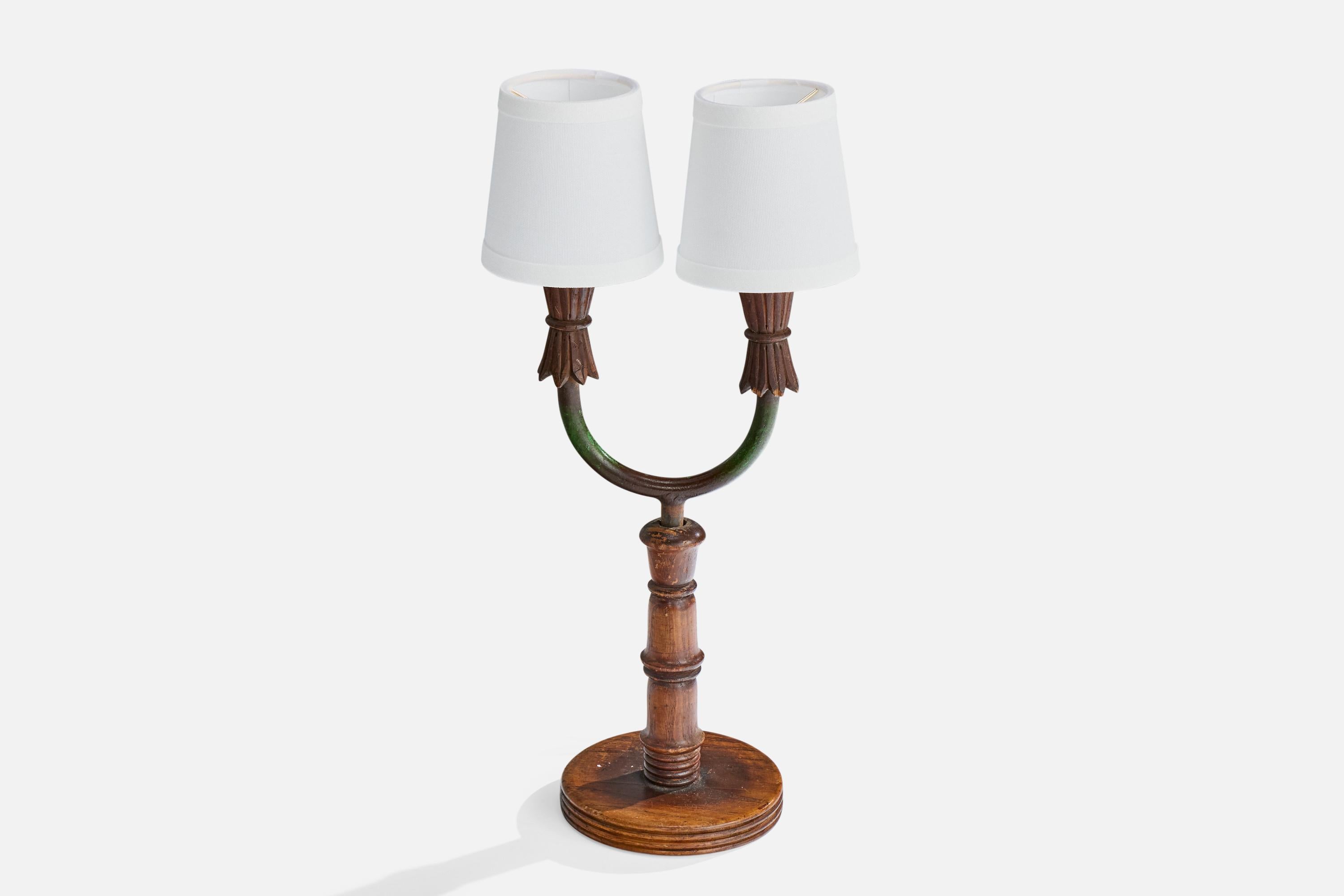 Mid-Century Modern Italian Designer, Table Lamp, Wood, Iron, Fabric, Italy, 1940s For Sale
