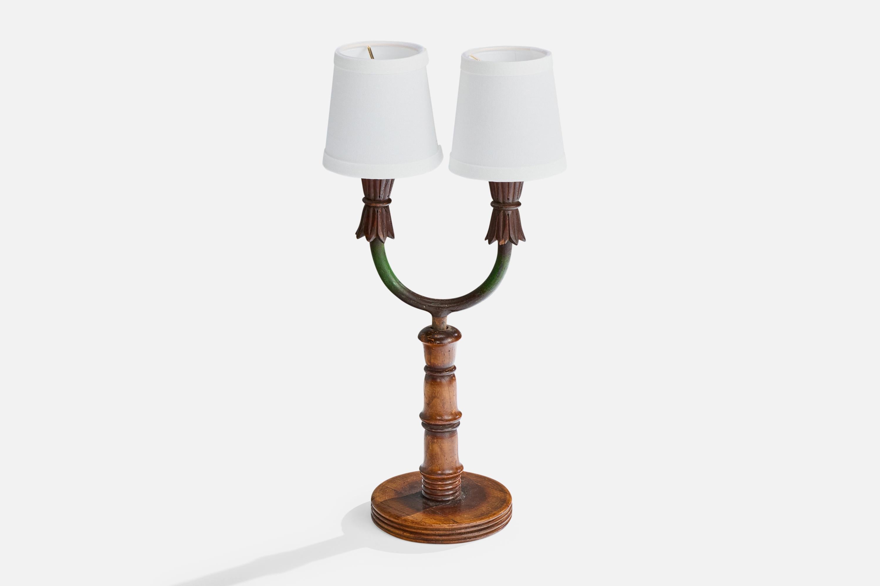 Diseñador italiano, Lámpara de mesa, Madera, Hierro, Tela, Italia, Década de 1940 Moderno de mediados de siglo en venta