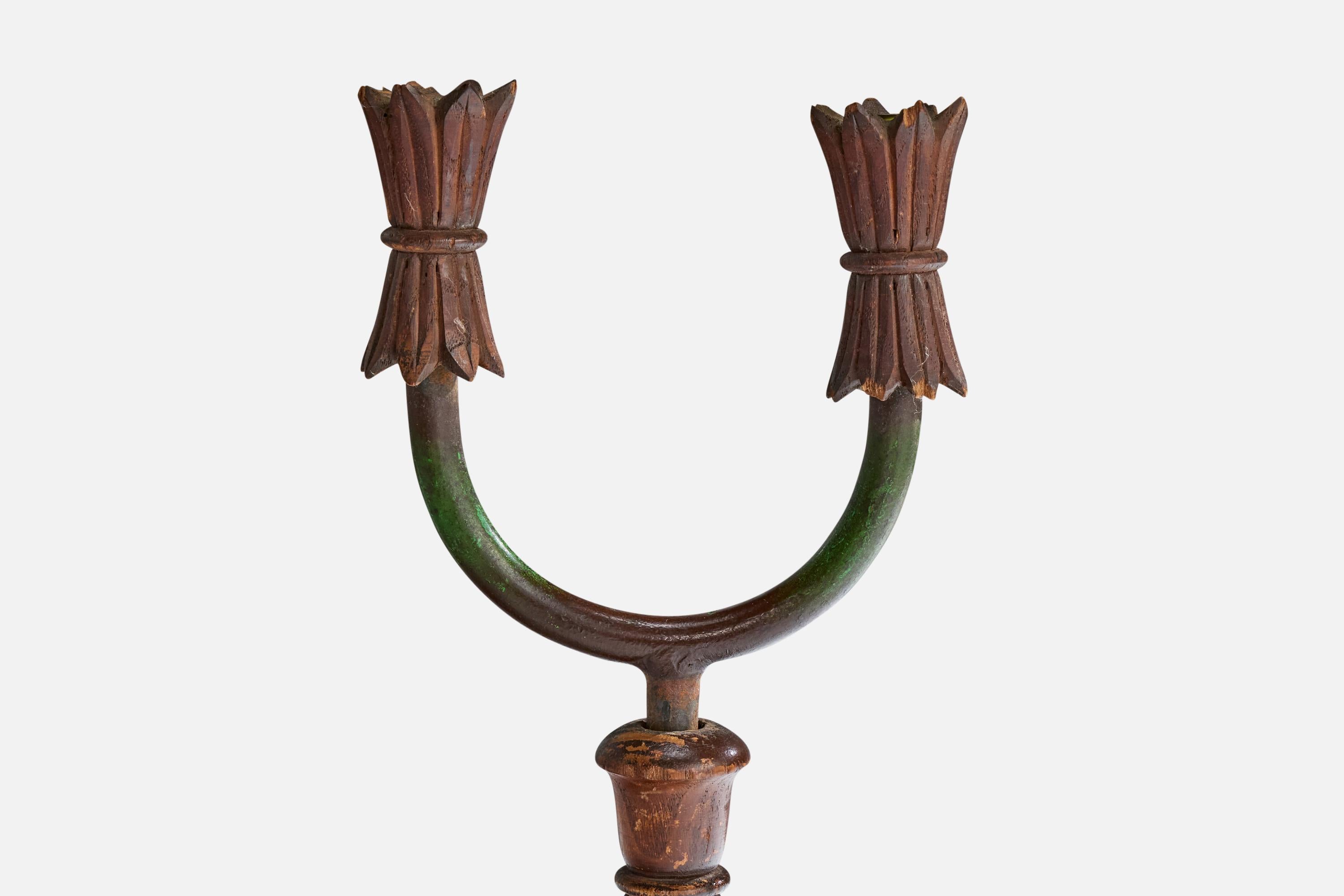 Mid-20th Century Italian Designer, Table Lamp, Wood, Iron, Fabric, Italy, 1940s For Sale