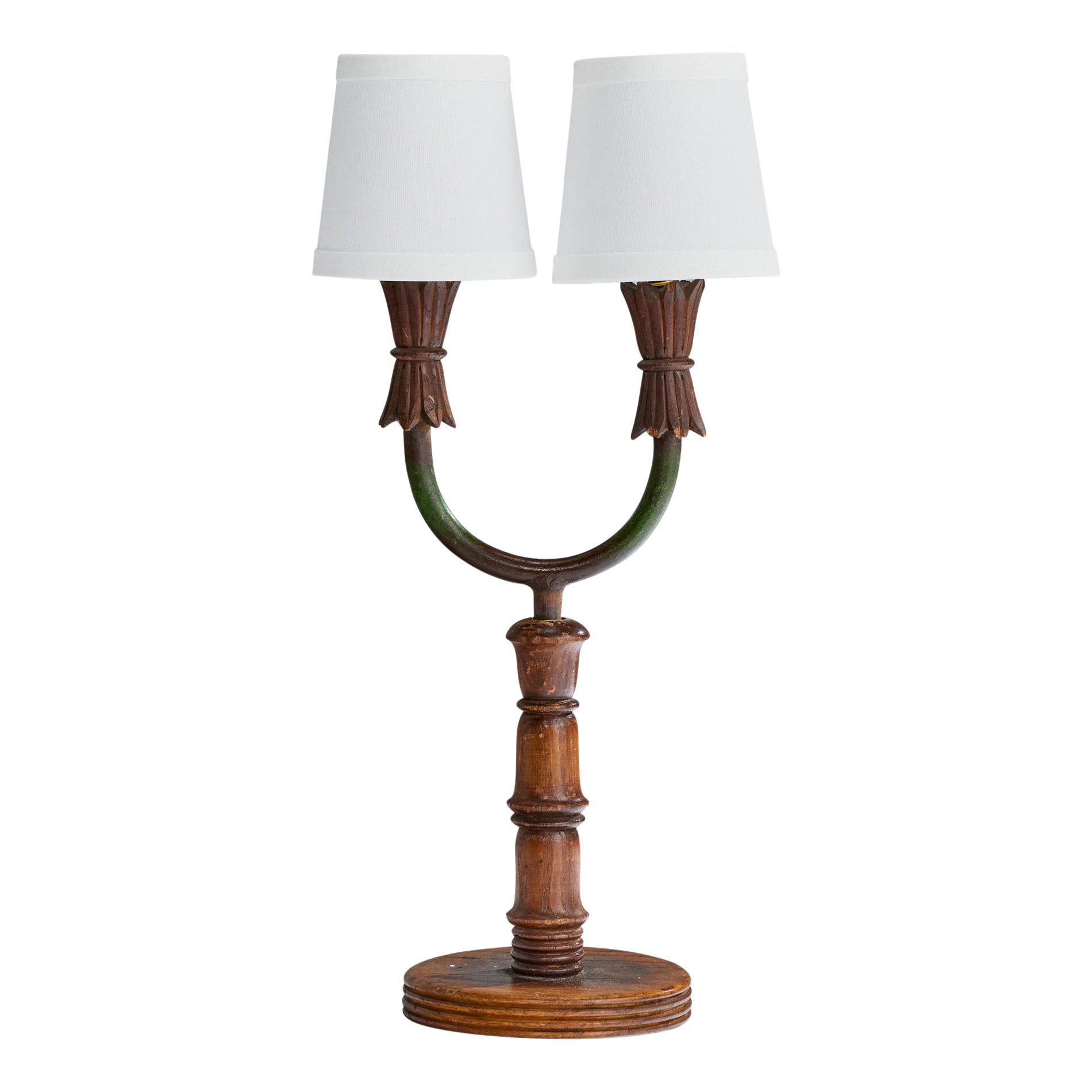 Italian Designer, Table Lamp, Wood, Iron, Fabric, Italy, 1940s For Sale