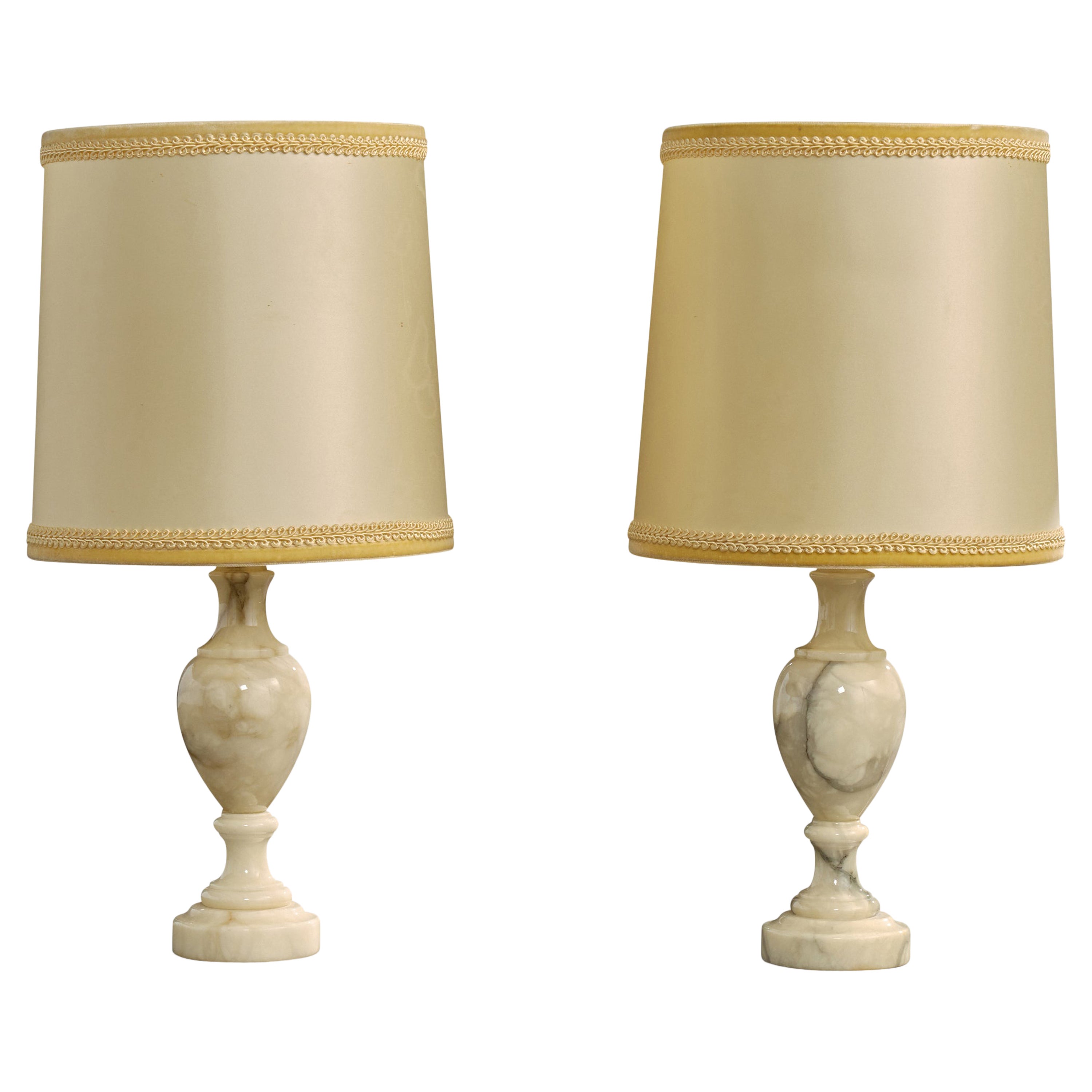 Italian Designer, Table Lamps, Alabaster, Silk, Italy, 1960s For Sale