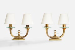 Italian Designer, Table Lamps, Brass, Glass, Fabric, Italy, 1940s