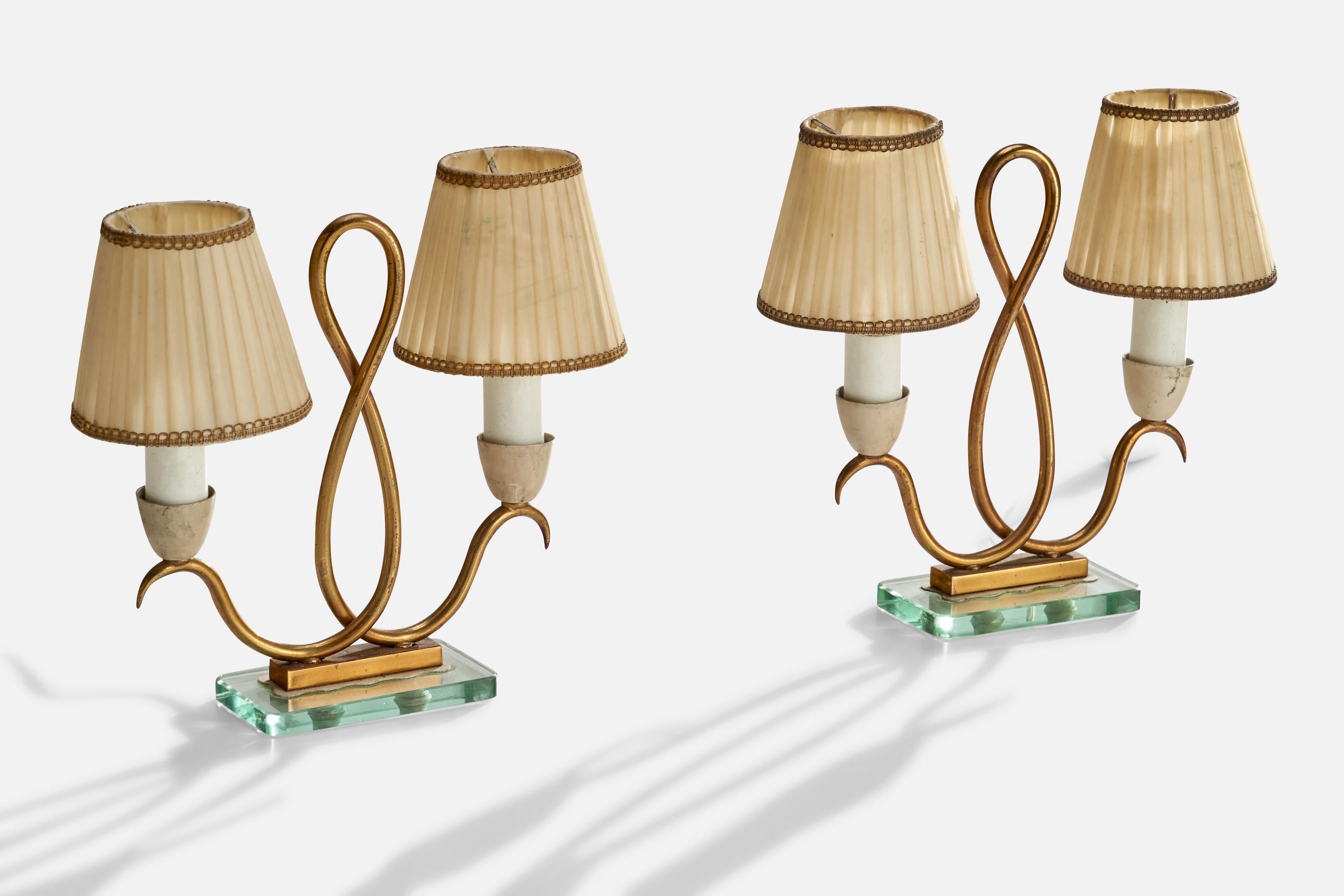 Mid-20th Century Italian Designer, Table Lamps, Brass, Glass, Fabric, Italy, 1940s For Sale