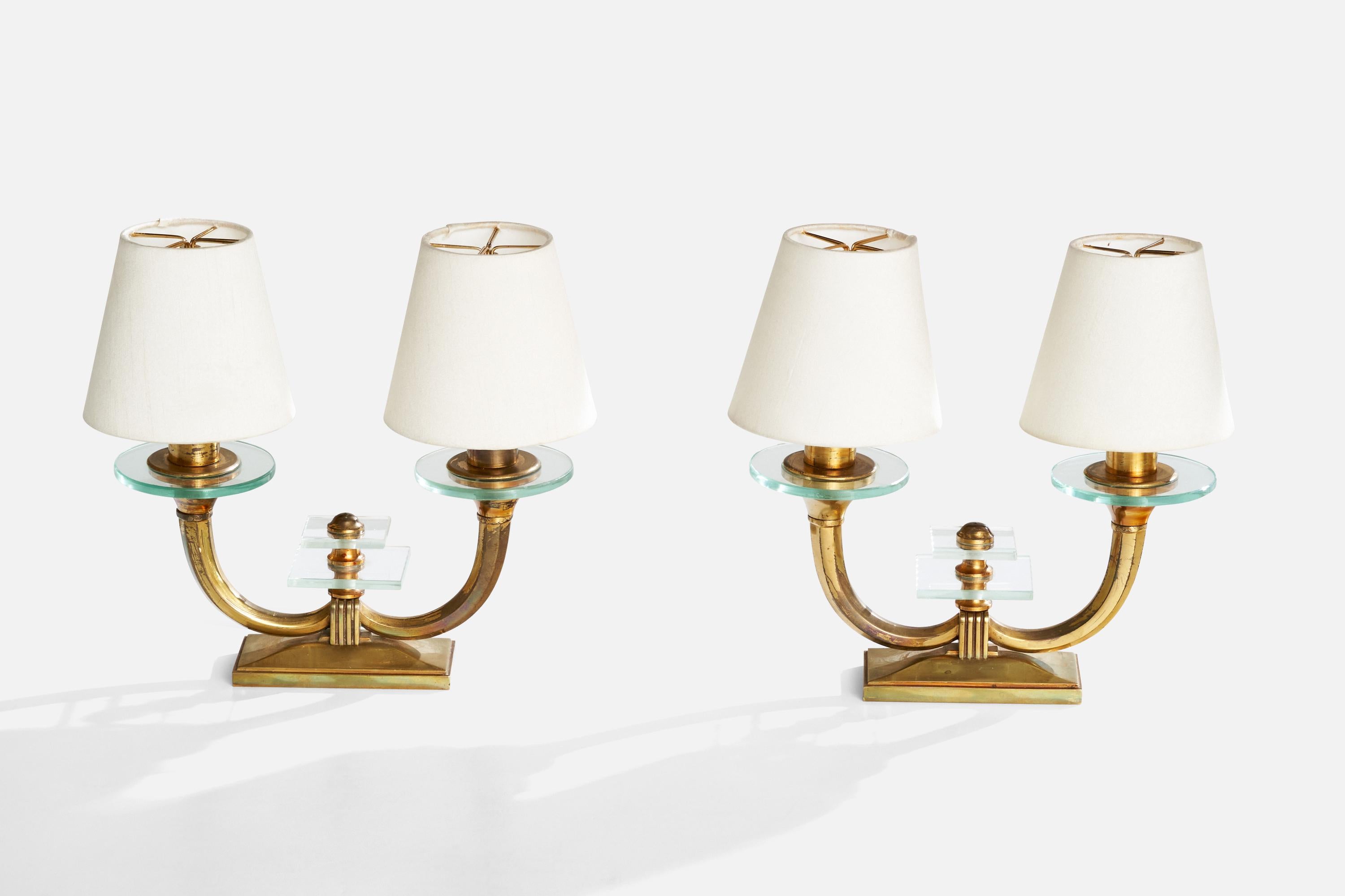 Mid-20th Century Italian Designer, Table Lamps, Brass, Glass, Fabric, Italy, 1940s For Sale