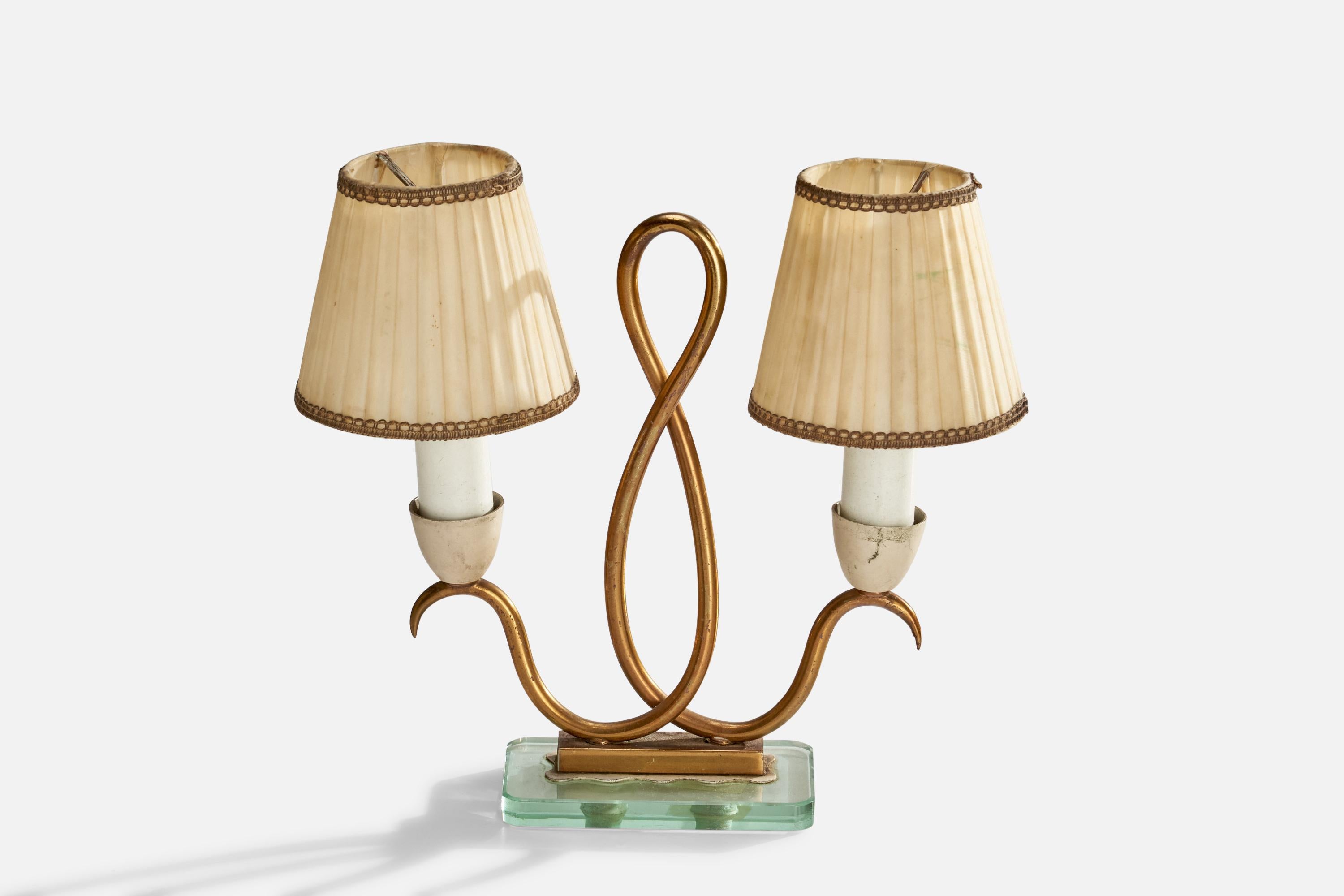 Italian Designer, Table Lamps, Brass, Glass, Fabric, Italy, 1940s For Sale 1