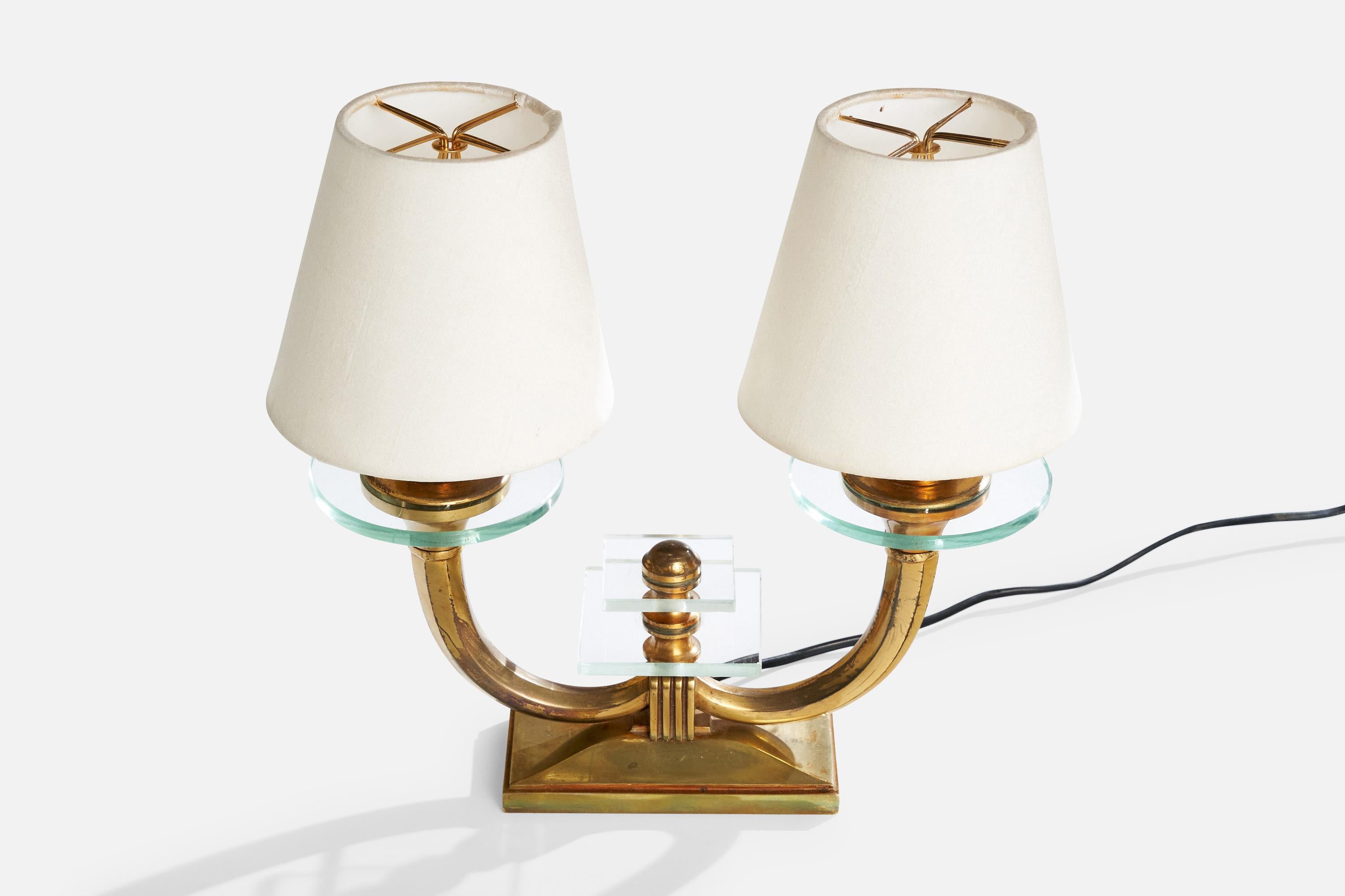 Italian Designer, Table Lamps, Brass, Glass, Fabric, Italy, 1940s For Sale 1