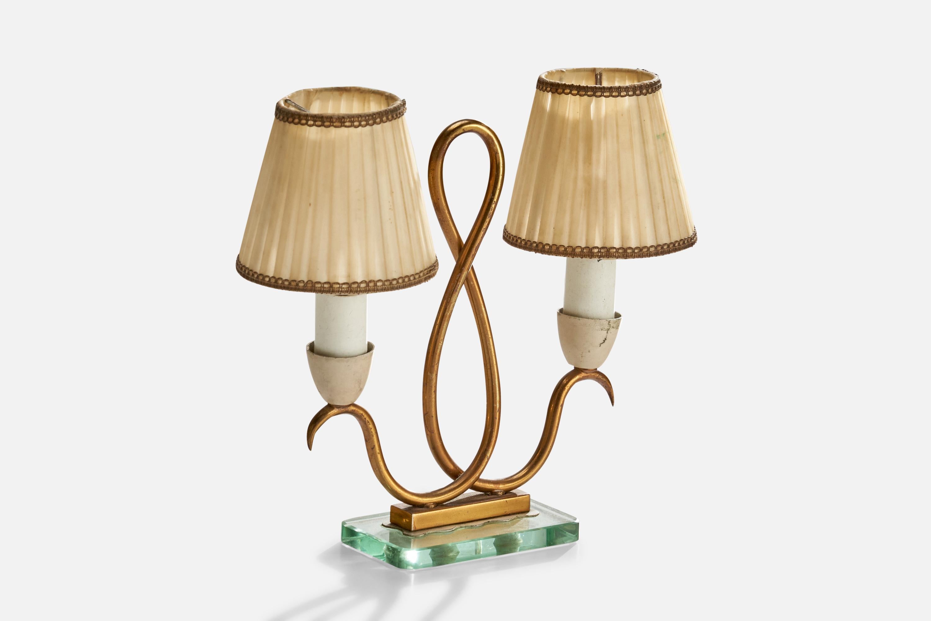 Italian Designer, Table Lamps, Brass, Glass, Fabric, Italy, 1940s For Sale 2