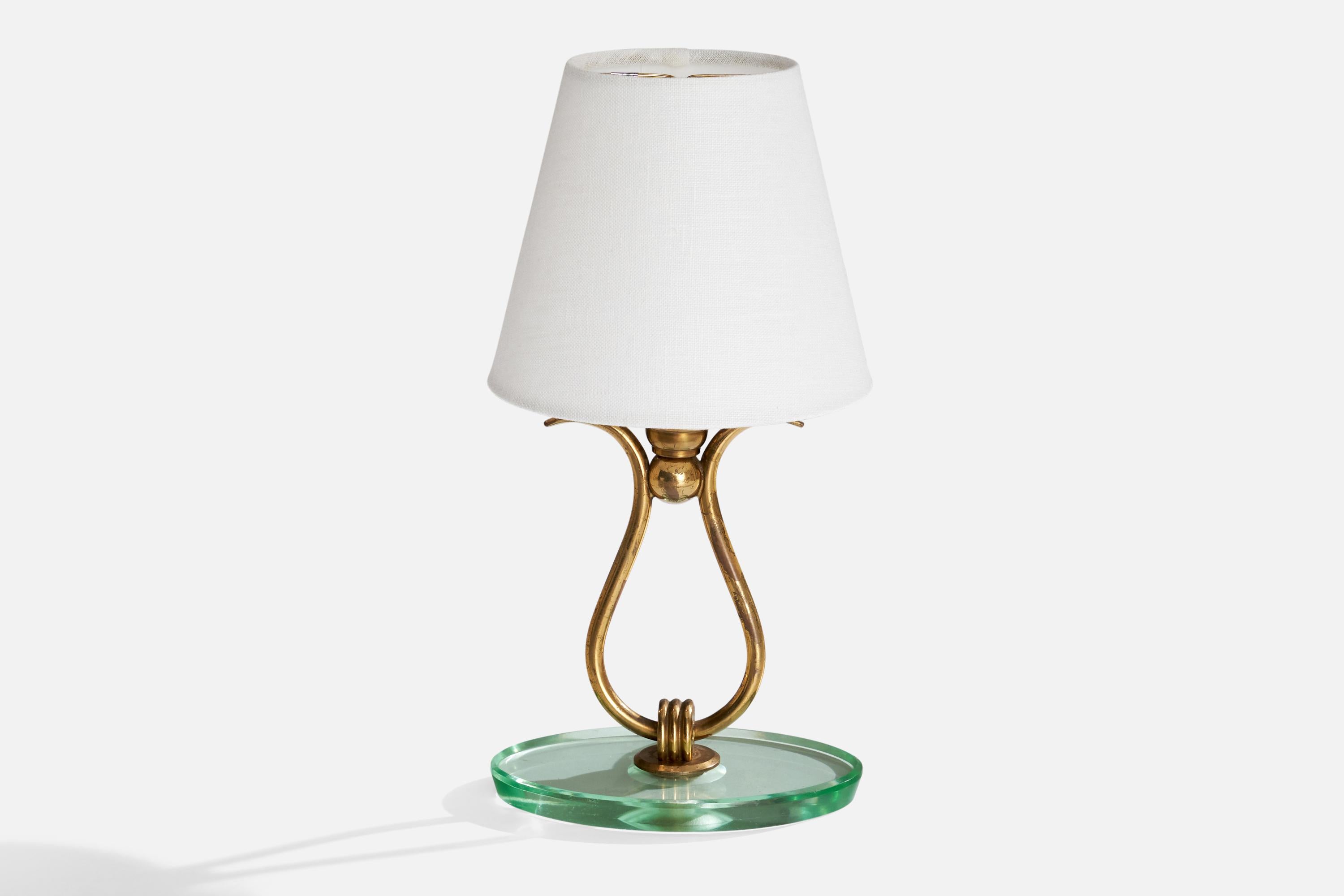 Italienische Designerin, Tischlampen, Messing, Glas, Stoff, Italien, 1940er Jahre im Angebot 2