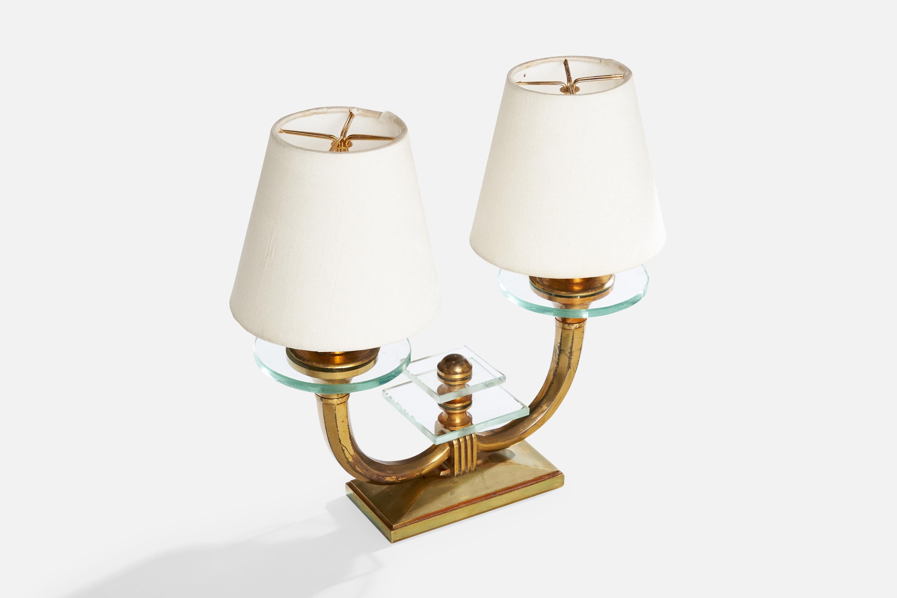 Italian Designer, Table Lamps, Brass, Glass, Fabric, Italy, 1940s For Sale 2