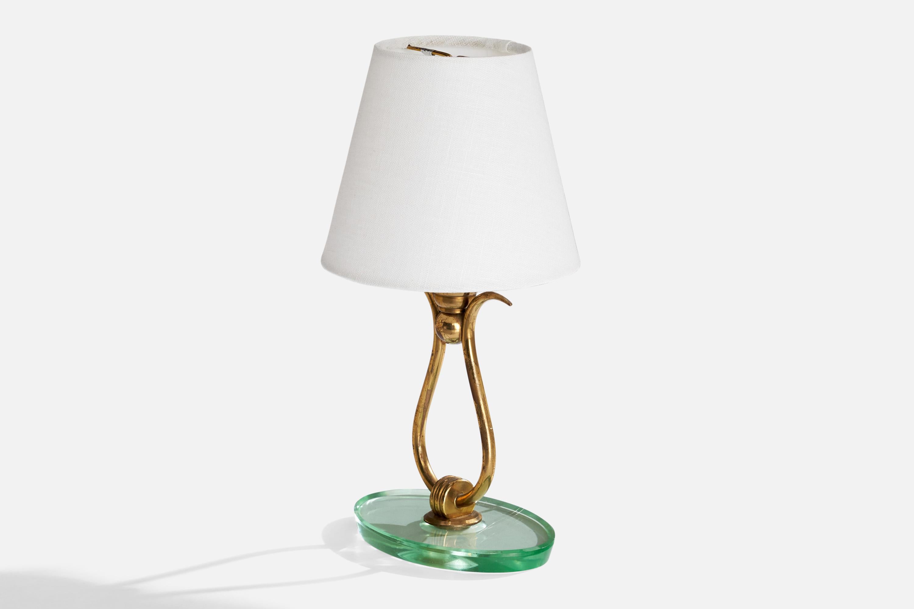 Italienische Designerin, Tischlampen, Messing, Glas, Stoff, Italien, 1940er Jahre im Angebot 3