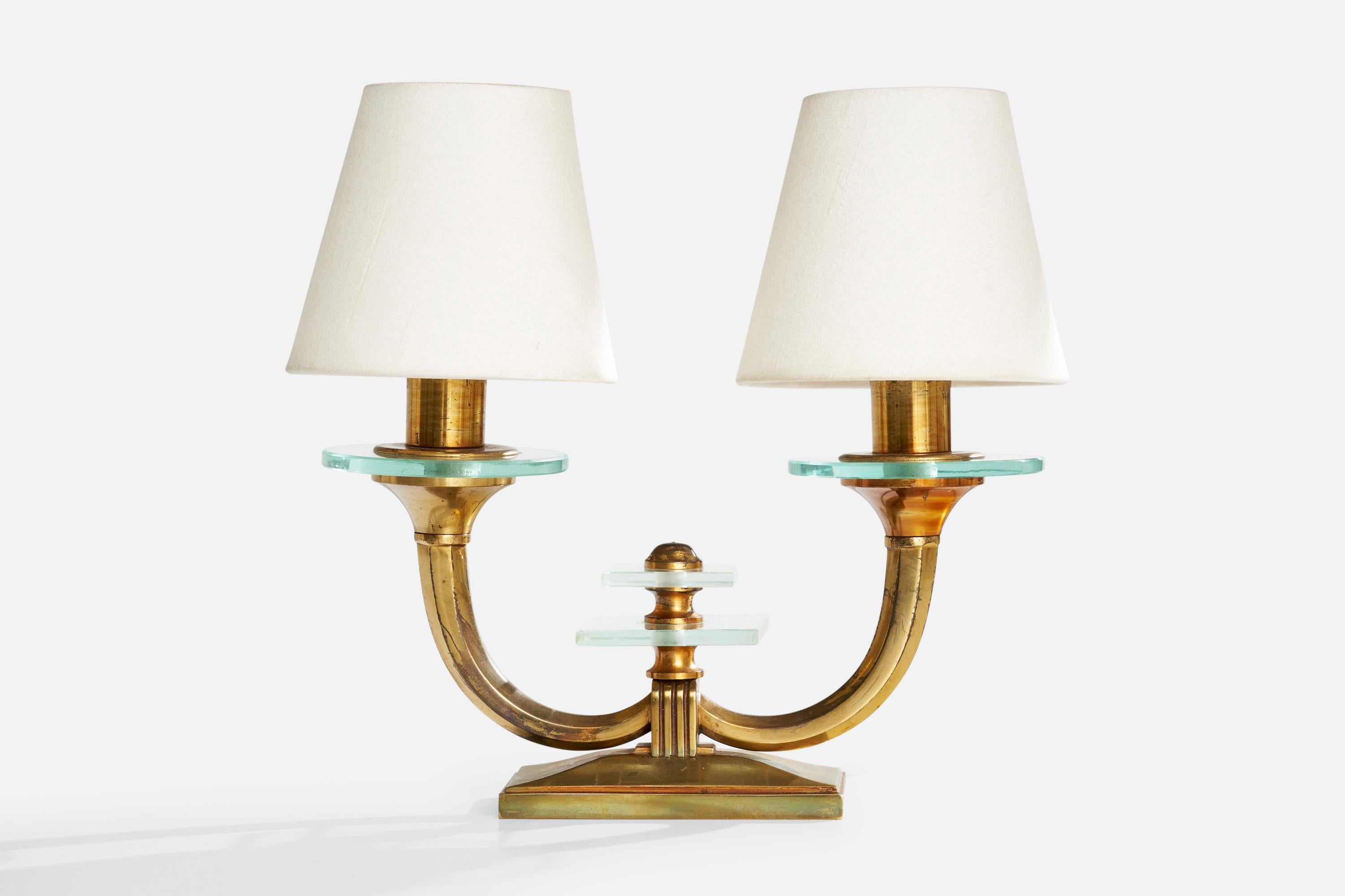 Italian Designer, Table Lamps, Brass, Glass, Fabric, Italy, 1940s For Sale 3