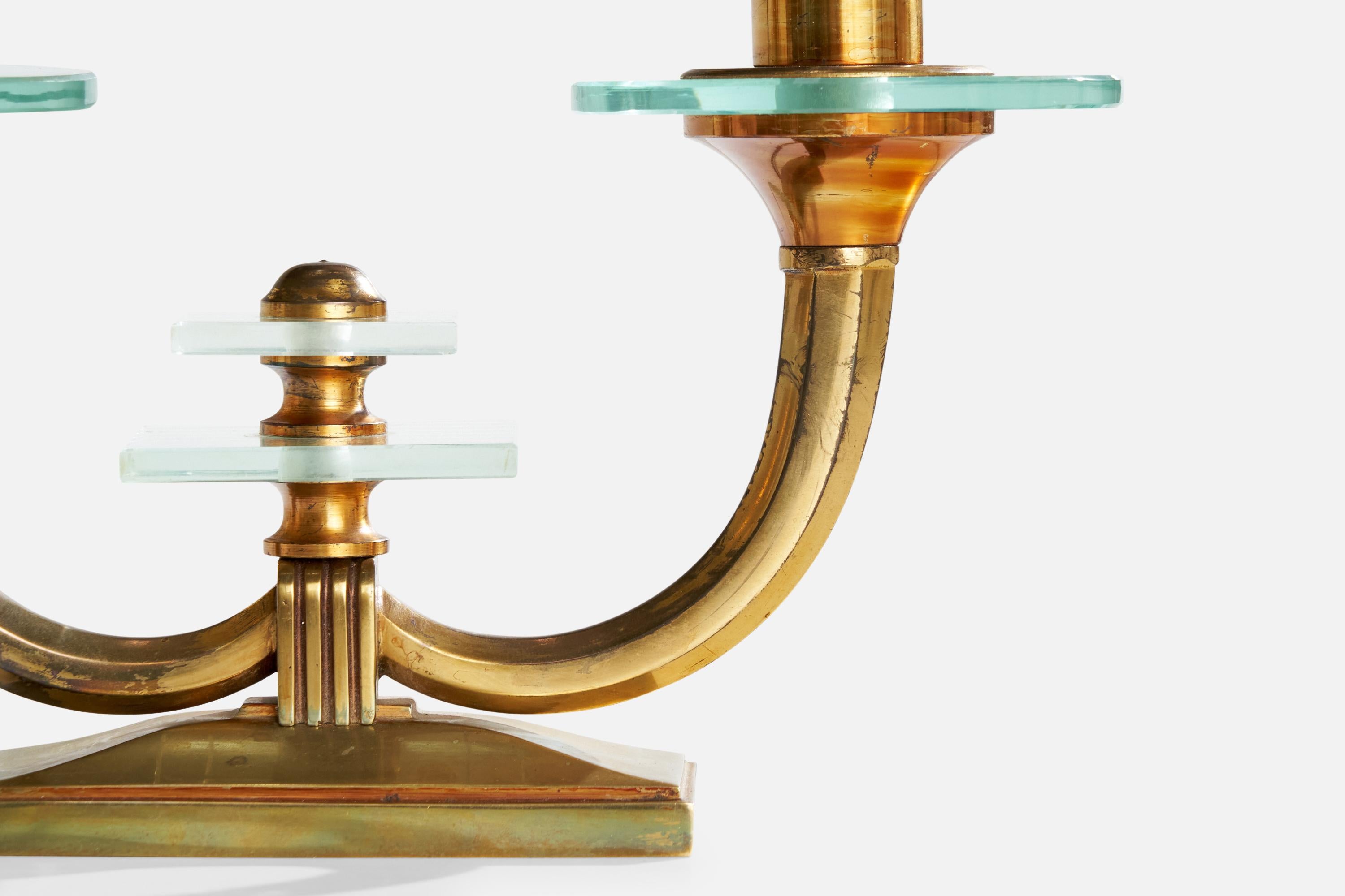 Italian Designer, Table Lamps, Brass, Glass, Fabric, Italy, 1940s For Sale 4