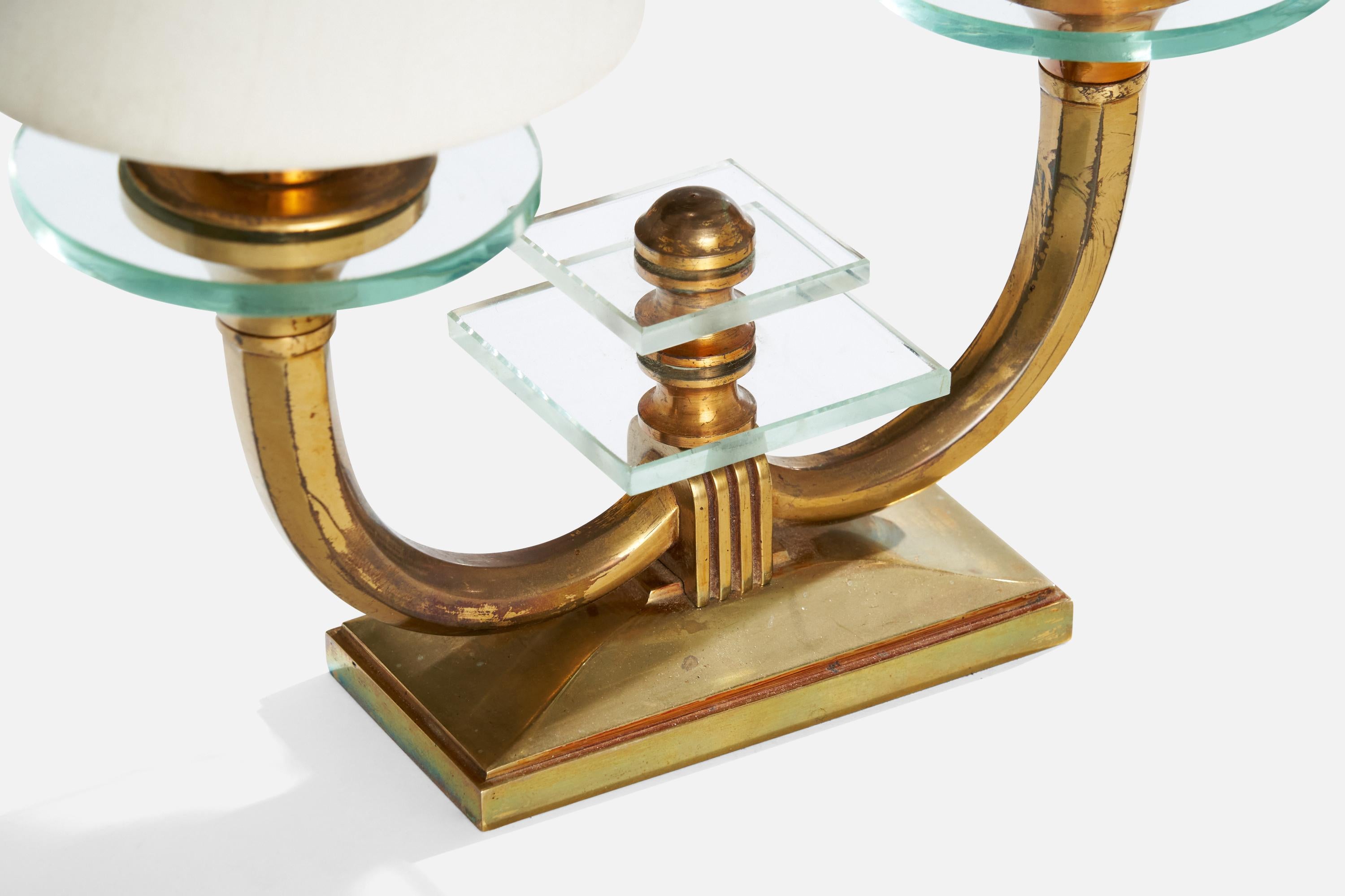 Italian Designer, Table Lamps, Brass, Glass, Fabric, Italy, 1940s For Sale 5