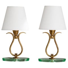 Italian Designer, Table Lamps, Brass, Glass, Fabric, Italy, 1940s