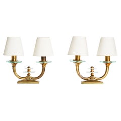Italian Designer, Table Lamps, Brass, Glass, Fabric, Italy, 1940s