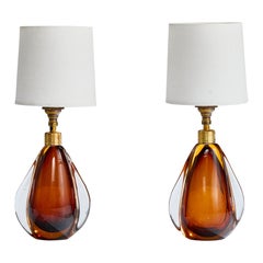 Italian Designer, Table Lamps, Brass, Glass, Fabric, Italy, 1950s