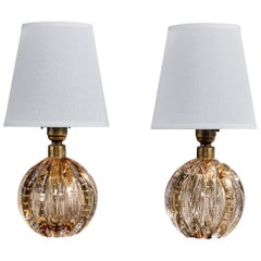 Italian Designer, Table Lamps, Brass, Glass, Fabric, Italy, 1950s