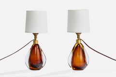 Italian Designer, Table Lamps, Brass, Glass, Fabric, Italy, 1950s
